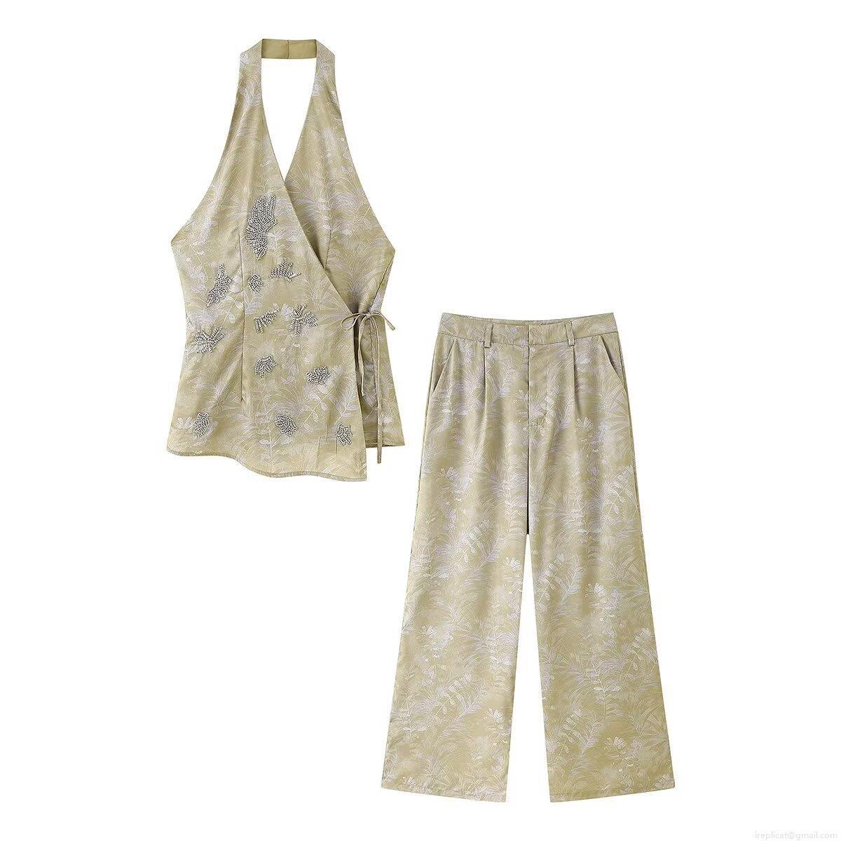 Women's Halter Wrap Top And Wide Leg Pants Two-Piece Set Elegant Leaf Print Beaded Floral Embroidery Polyester Satin Vacation Party Casual Outfit Women's Halter Wrap Top And Wide Leg Pants Two-Piece Set Elegant Leaf Print Beaded Floral Embroidery Polyester Satin Vacation Party Casual Outfit