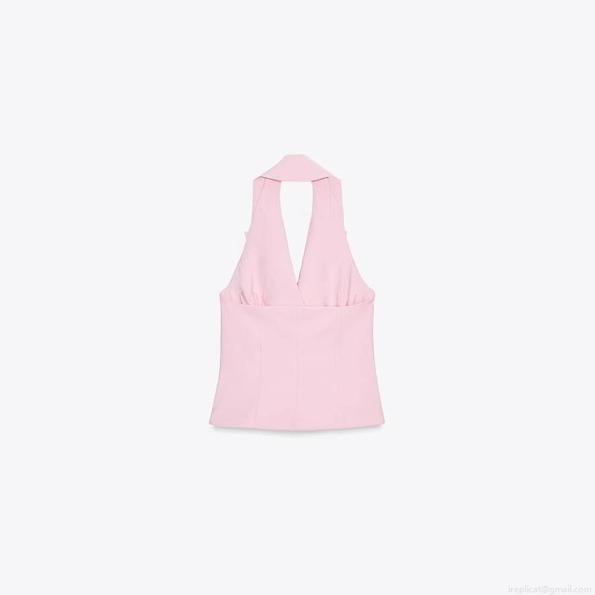 Women\'s 2 Piece Set Pink Halter Neck Double Breasted Vest Waistcoat and Pleated Wide Leg Trousers Polyester Twill Elegant Office Suits