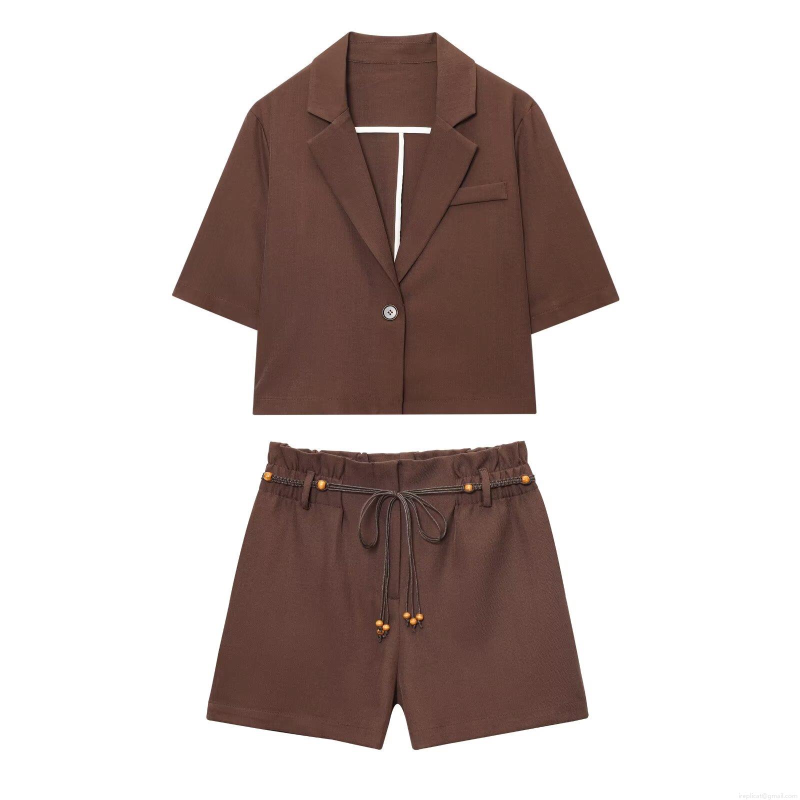 Women's Casual Brown Short Sleeve Short Blazer And High Waist Shorts Two Piece Set With Beaded Wood Bead Drawstring Belt Woven Polyester Summer Suits Women's Casual Brown Short Sleeve Short Blazer And High Waist Shorts Two Piece Set With Beaded Wood Bead Drawstring Belt Woven Polyester Summer Suits