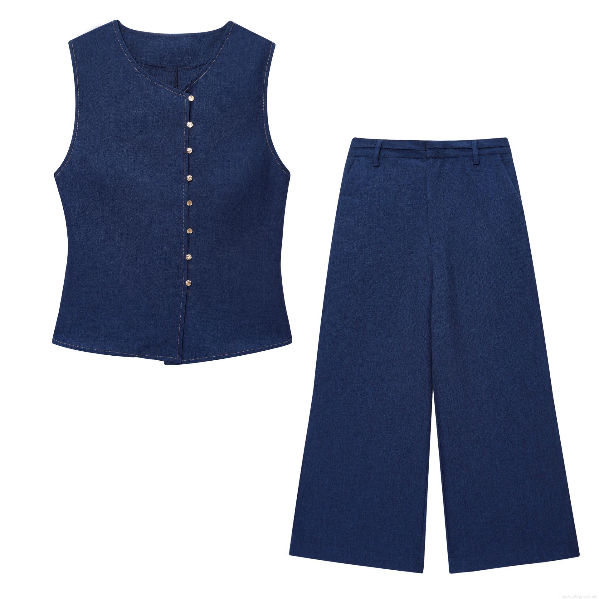 Women's Two Piece Set Linen Like Polyester Sleeveless Double Breasted Vest and High Waist Wide Leg Pants Casual Summer Office Outfit Streetwear Women's Two Piece Set Linen Like Polyester Sleeveless Double Breasted Vest and High Waist Wide Leg Pants Casual Summer Office Outfit Streetwear