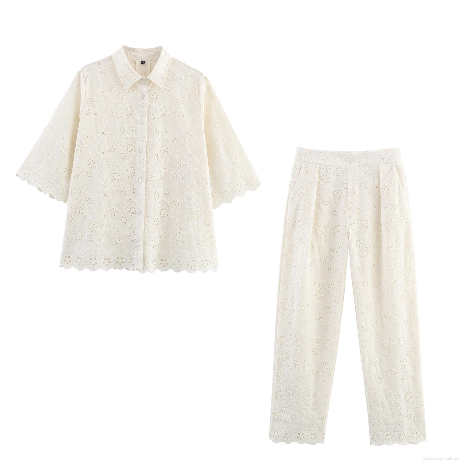 Women\'s Two Piece Set Embroidered Hollow Out Short Sleeve Shirt And High Waist Straight Leg Pants White Cotton Blend Lace Blouse Casual Streetwear Retro Outfit Women\'s Two Piece Set Embroidered Hollow Out Short Sleeve Shirt And High Waist Straight Leg Pants White Cotton Blend Lace Blouse Casual Streetwear Retro Outfit