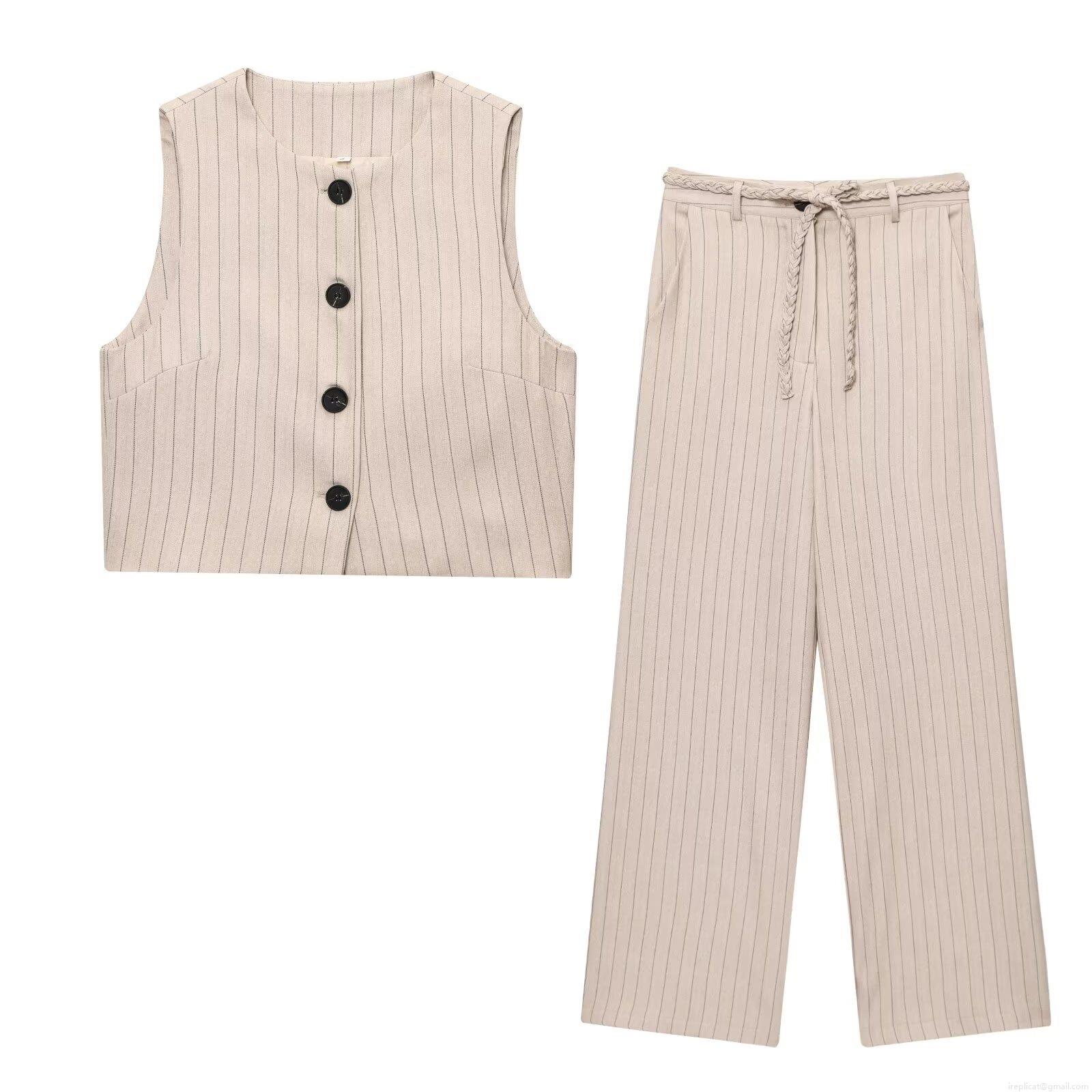 Women's Striped 2 Piece Outfits Sleeveless Button Down Crop Vest Top And High Waisted Wide Leg Pants With Woven Belt Streetwear Casual Summer Set Women's Striped 2 Piece Outfits Sleeveless Button Down Crop Vest Top And High Waisted Wide Leg Pants With Woven Belt Streetwear Casual Summer Set