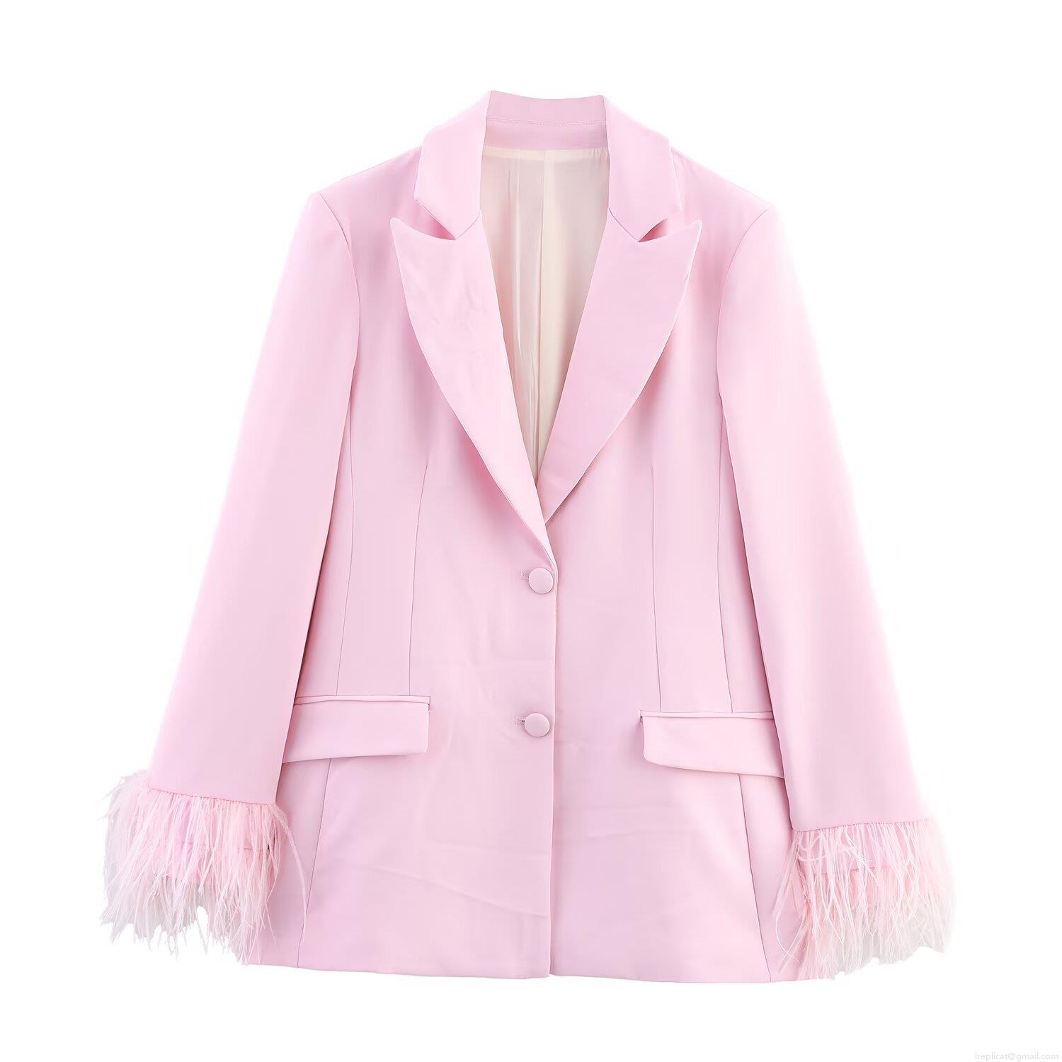 Women's Pink Feather Cuff Blazer And Straight Leg Pants Set Elegant Solid Polyester Casual Suit For Party Streetwear Lady Women's Pink Feather Cuff Blazer And Straight Leg Pants Set Elegant Solid Polyester Casual Suit For Party Streetwear Lady