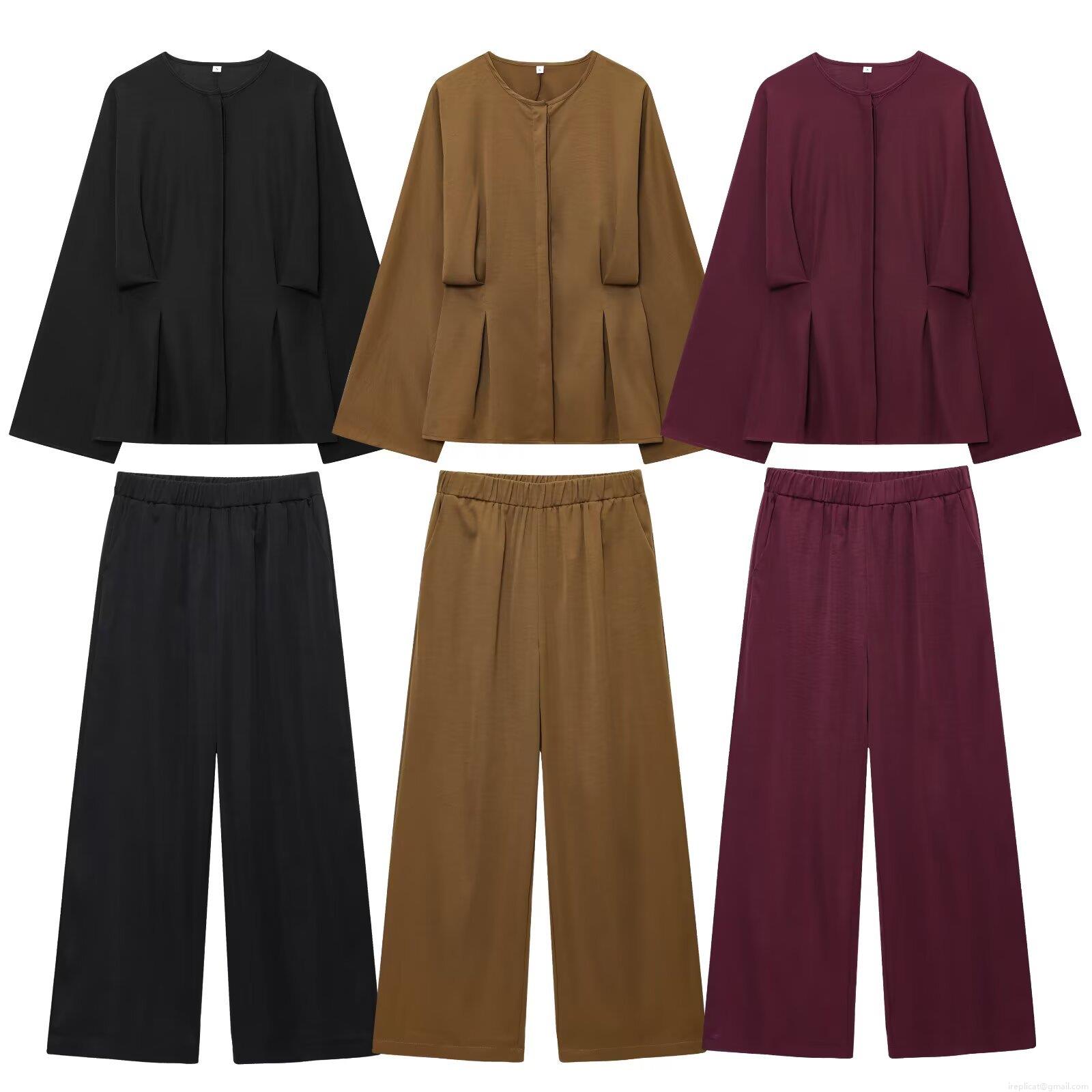 Women's Casual Two Piece Pants Set Loose Long Sleeve Round Neck Top With Waist Pleats And Elastic High Waist Wide Leg Long Pants Solid Color Streetwear Set Women's Casual Two Piece Pants Set Loose Long Sleeve Round Neck Top With Waist Pleats And Elastic High Waist Wide Leg Long Pants Solid Color Streetwear Set