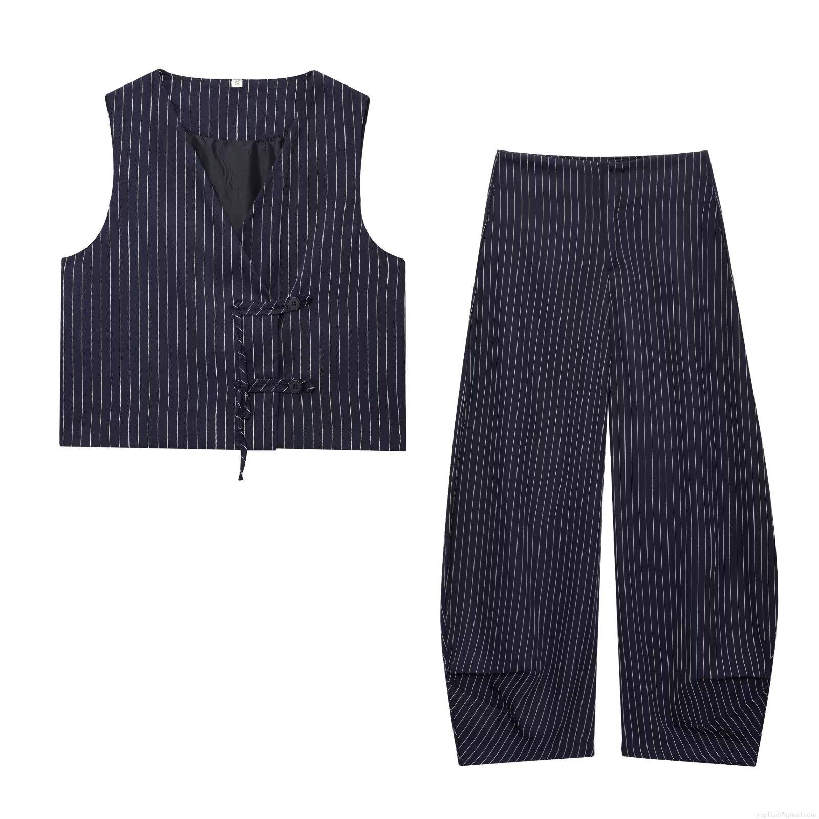 Women Navy Blue Striped Linen Blend Two Piece Set V-Neck Sleeveless Wrap Top and Wide Leg Balloon Pants Casual Streetwear Outfit Women Navy Blue Striped Linen Blend Two Piece Set V-Neck Sleeveless Wrap Top and Wide Leg Balloon Pants Casual Streetwear Outfit