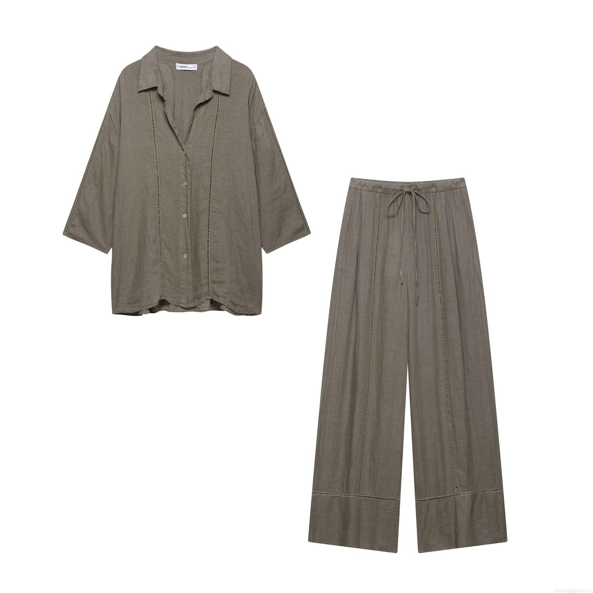 Women's 2-Piece Linen Texture Polyester Shirt and Wide Leg Pants Set Casual Long Sleeve Button Down Blouse and Drawstring Trousers Outfit for Spring Autumn Streetwear Women's 2-Piece Linen Texture Polyester Shirt and Wide Leg Pants Set Casual Long Sleeve Button Down Blouse and Drawstring Trousers Outfit for Spring Autumn Streetwear