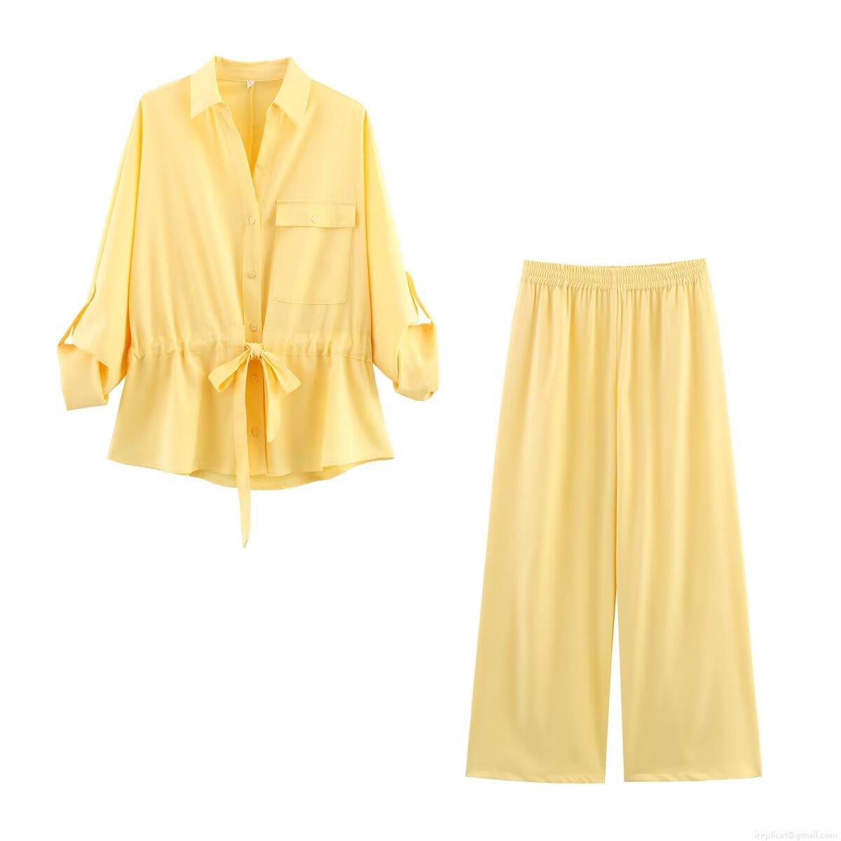 Women's Casual Two Piece Outfits Lapel Long Sleeve Shirt With Chest Pocket And High Waist Wide Leg Pants Set Solid Color Safari Style Lady Clothing Women's Casual Two Piece Outfits Lapel Long Sleeve Shirt With Chest Pocket And High Waist Wide Leg Pants Set Solid Color Safari Style Lady Clothing
