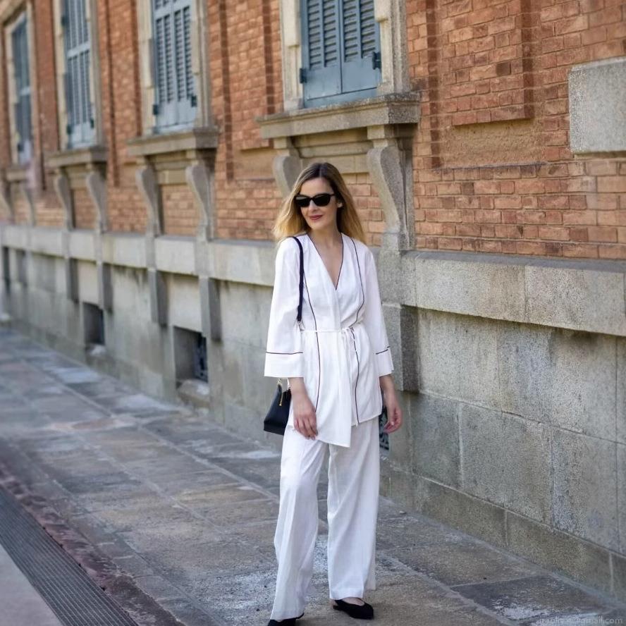 Women's Two-Piece Set Contrast Piping Wrap Tie Long Sleeve Jacket And Wide Leg Pants Casual Minimalist Lounge Vacation Outfit For Lady Women's Two-Piece Set Contrast Piping Wrap Tie Long Sleeve Jacket And Wide Leg Pants Casual Minimalist Lounge Vacation Outfit For Lady