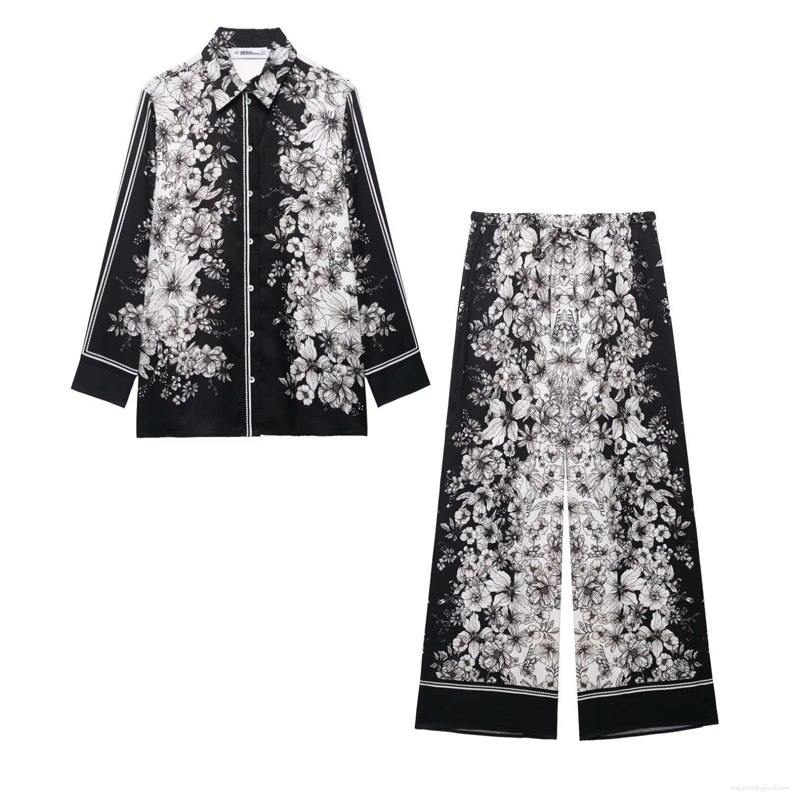 Women's Vintage Floral Print 3-Piece Set Casual Long Sleeve Button Down Shirt Wide Leg Pants And Maxi Skirt Black White Polyester Outfits For Vacation Streetwear Women's Vintage Floral Print 3-Piece Set Casual Long Sleeve Button Down Shirt Wide Leg Pants And Maxi Skirt Black White Polyester Outfits For Vacation Streetwear