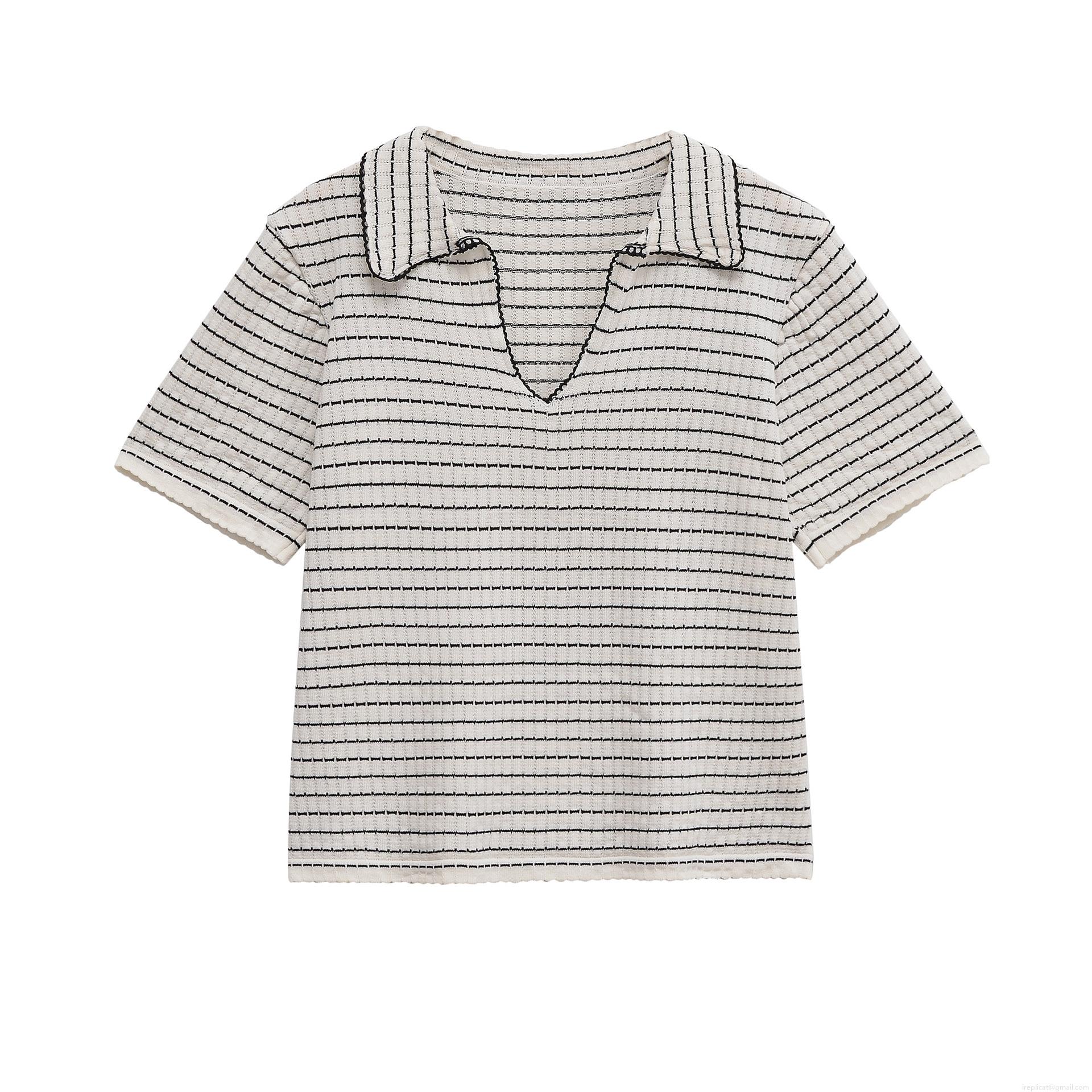 Women's Striped Knit Two-Piece Set Short Sleeve V-Neck Polo Top and Wide Leg Pants Casual Ribbed Texture Spring Summer Lounge Wear Outfit Women's Striped Knit Two-Piece Set Short Sleeve V-Neck Polo Top and Wide Leg Pants Casual Ribbed Texture Spring Summer Lounge Wear Outfit