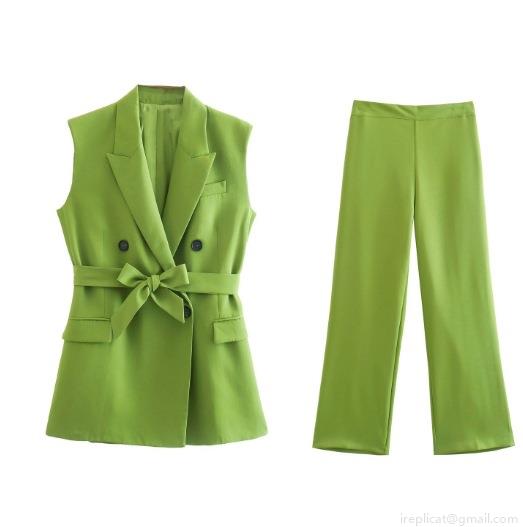 Women's 2-Piece Suit Set Chic 100% Polyester Sleeveless Double Breasted Blazer Vest With Belt And High Waist Wide Leg Pants Office Casual Streetwear Grass Green Outfit Women's 2-Piece Suit Set Chic 100% Polyester Sleeveless Double Breasted Blazer Vest With Belt And High Waist Wide Leg Pants Office Casual Streetwear Grass Green Outfit