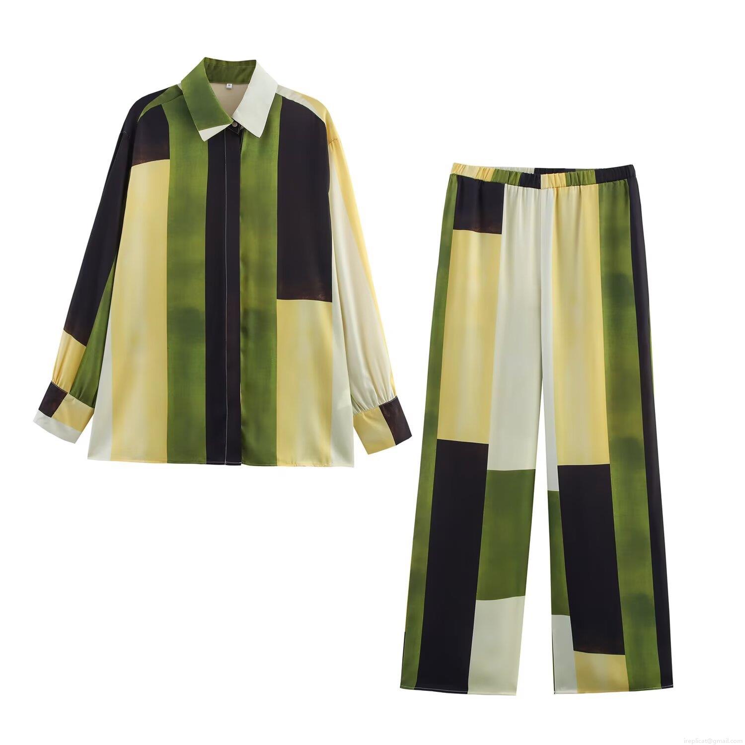 Women's Satin Geometric Color Block 2 Piece Outfits Long Sleeve Button Down Shirt And Wide Leg Long Pants Set Casual Streetwear Loose Loungewear Suit Women's Satin Geometric Color Block 2 Piece Outfits Long Sleeve Button Down Shirt And Wide Leg Long Pants Set Casual Streetwear Loose Loungewear Suit