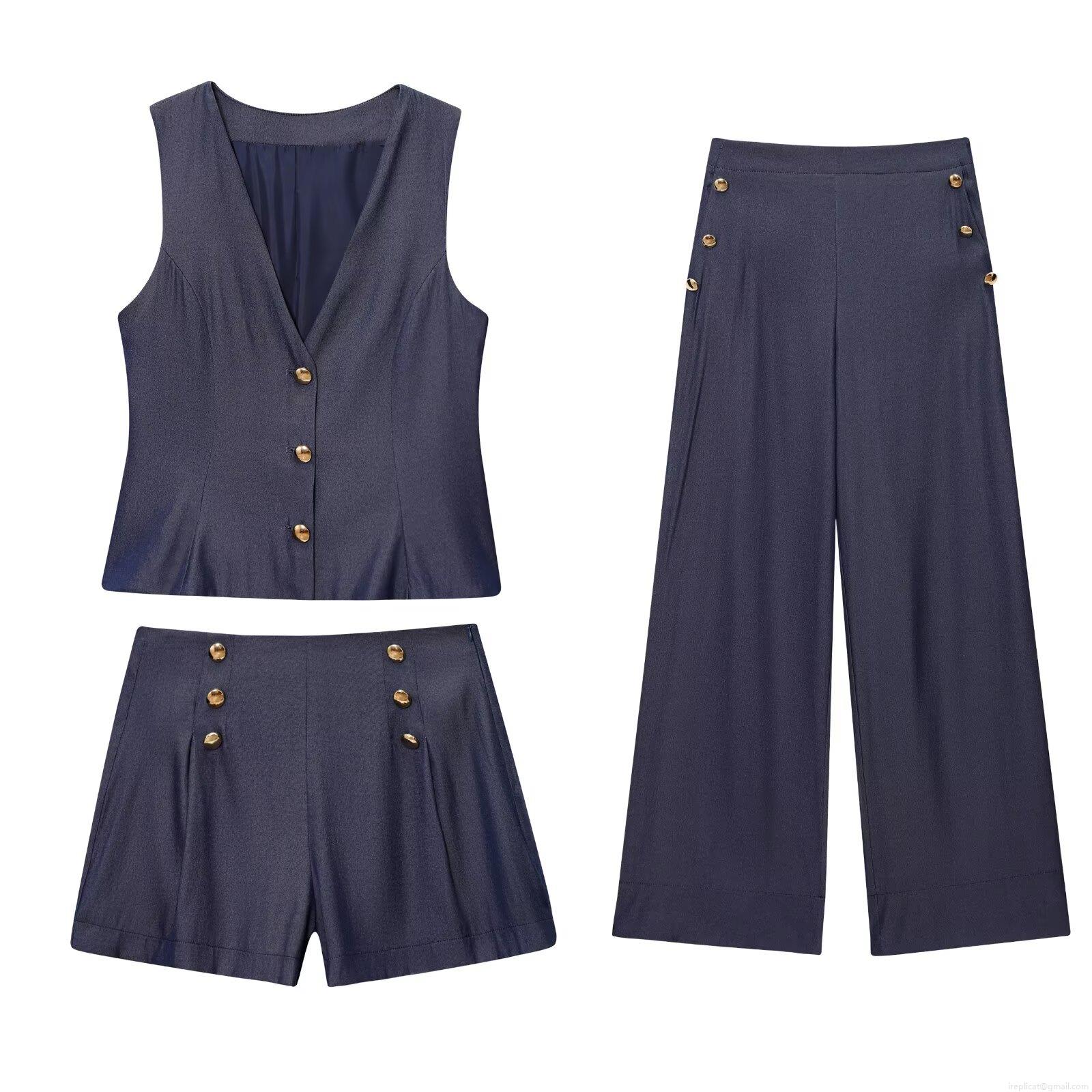 Women's 3-Piece Set V-Neck Sleeveless Vest With Gold Buttons Wide Leg Pants And Shorts Polyester Blend Casual Office Streetwear Navy Blue Sets Women's 3-Piece Set V-Neck Sleeveless Vest With Gold Buttons Wide Leg Pants And Shorts Polyester Blend Casual Office Streetwear Navy Blue Sets