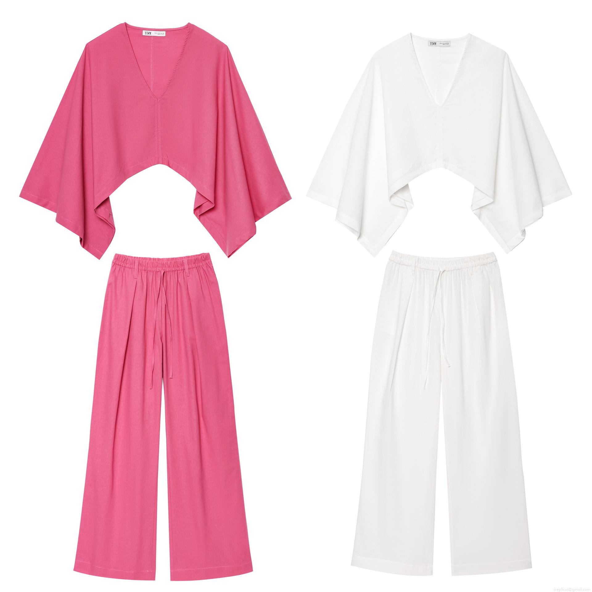 Women\'s Two Piece Linen Blend Set Asymmetric Batwing Sleeve V Neck Kimono Crop Top And Wide Leg Drawstring Pants Casual Summer Streetwear Outfit