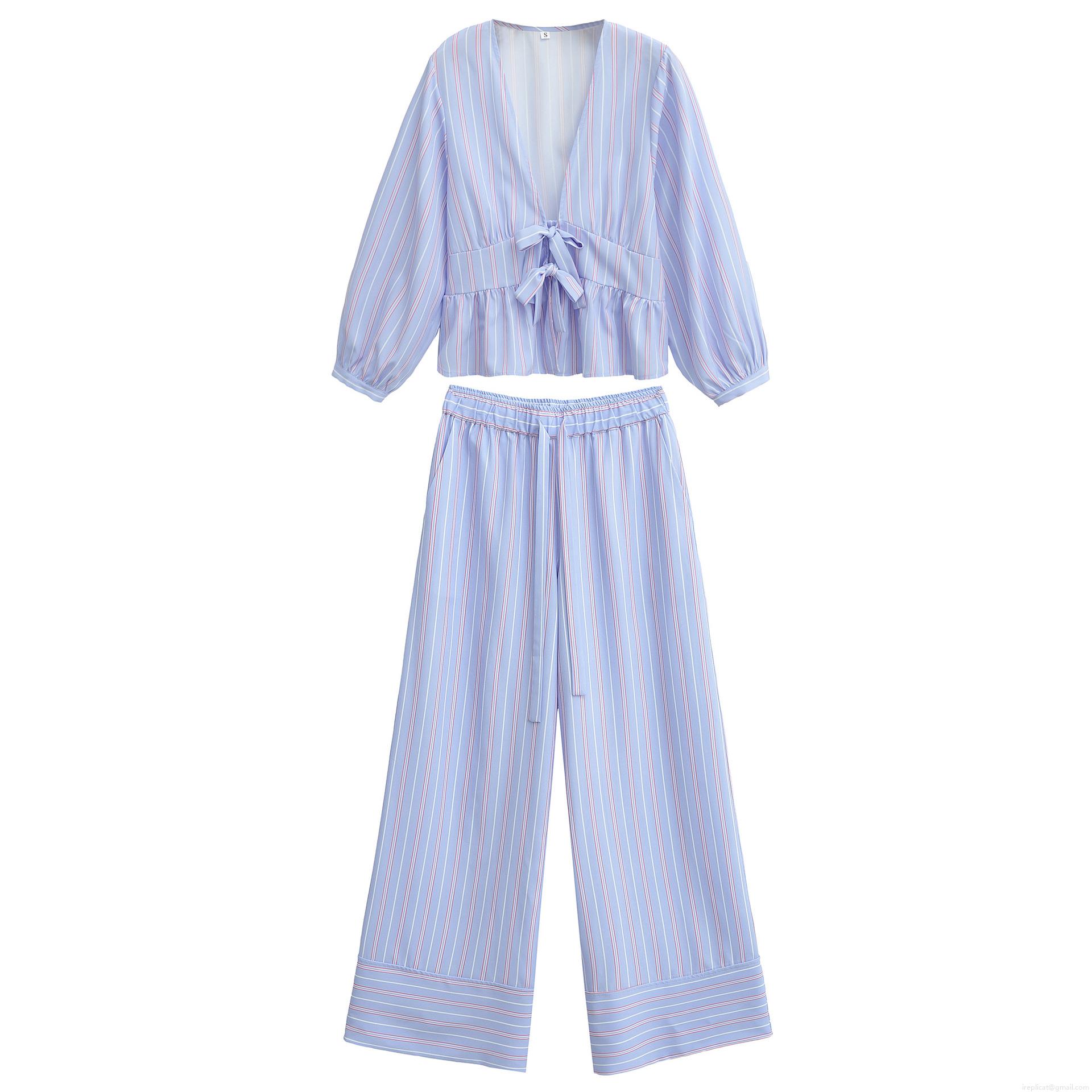 Women's Striped Two Piece Set V-Neck Bow Tie Long Sleeve Shirt And Elastic Waist Wide Leg Pants Casual Loose Loungewear Outfit Streetwear Women's Striped Two Piece Set V-Neck Bow Tie Long Sleeve Shirt And Elastic Waist Wide Leg Pants Casual Loose Loungewear Outfit Streetwear