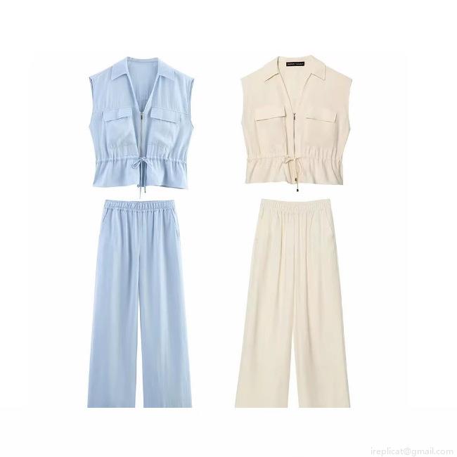 Women's 2 Piece Summer Outfits Sleeveless Zipper Vest Top and High Waisted Wide Leg Pants Set Sand-washed Twill Casual Loungewear Streetwear Women's 2 Piece Summer Outfits Sleeveless Zipper Vest Top and High Waisted Wide Leg Pants Set Sand-washed Twill Casual Loungewear Streetwear