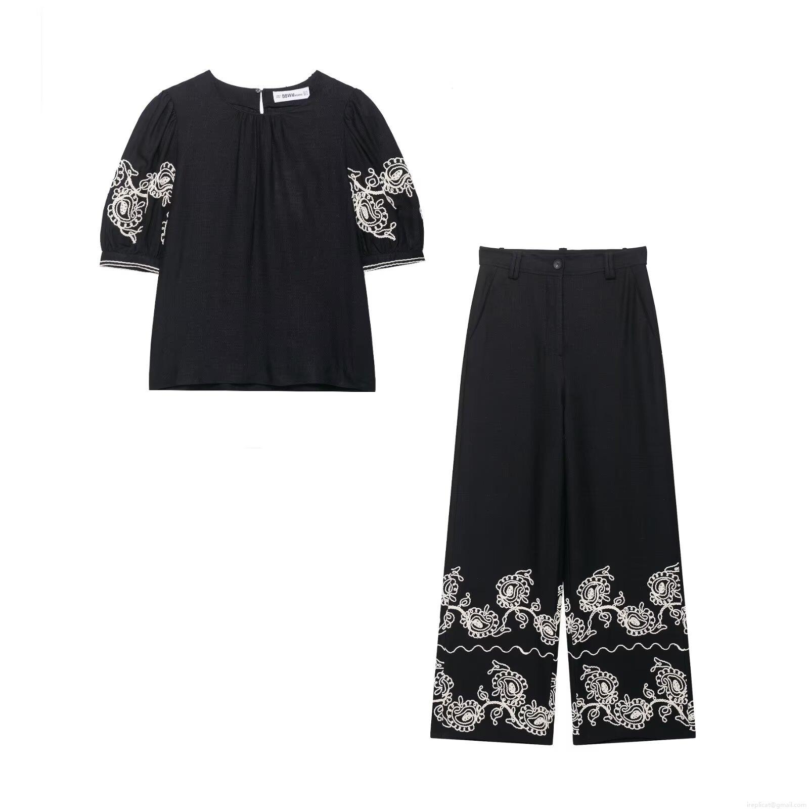 Women's Two Piece Pants Set Elegant Embroidery Short Sleeve Bubble Sleeve Round Neck Top And High Waist Wide Leg Long Pants Polyester Casual Streetwear Vacation Outfit For Ladies Women's Two Piece Pants Set Elegant Embroidery Short Sleeve Bubble Sleeve Round Neck Top And High Waist Wide Leg Long Pants Polyester Casual Streetwear Vacation Outfit For Ladies