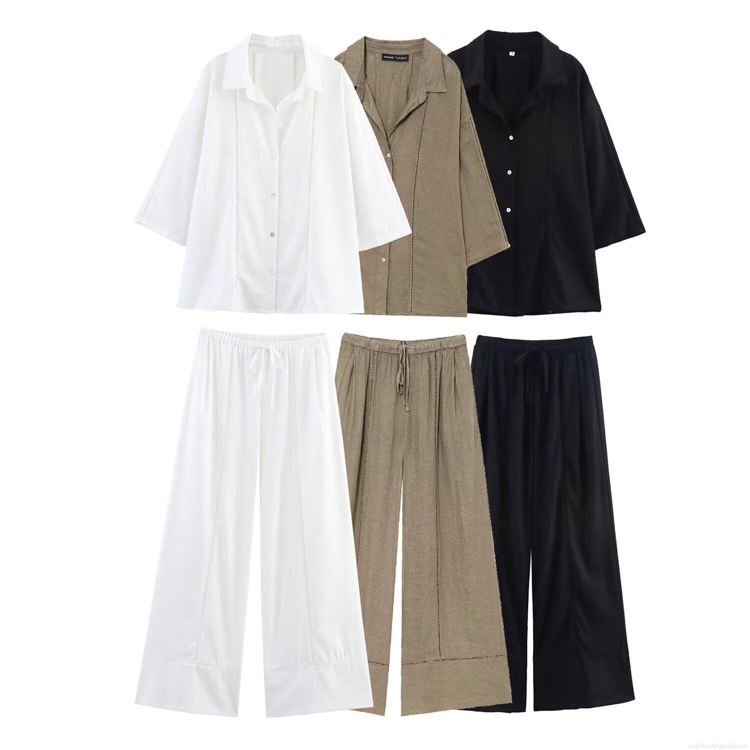 Women's 2 Piece Linen Cotton Set V Neck Long Sleeve Hollow Out Shirt And Drawstring Wide Leg Pants Casual Solid Color Summer Vacation Outfit Women's 2 Piece Linen Cotton Set V Neck Long Sleeve Hollow Out Shirt And Drawstring Wide Leg Pants Casual Solid Color Summer Vacation Outfit
