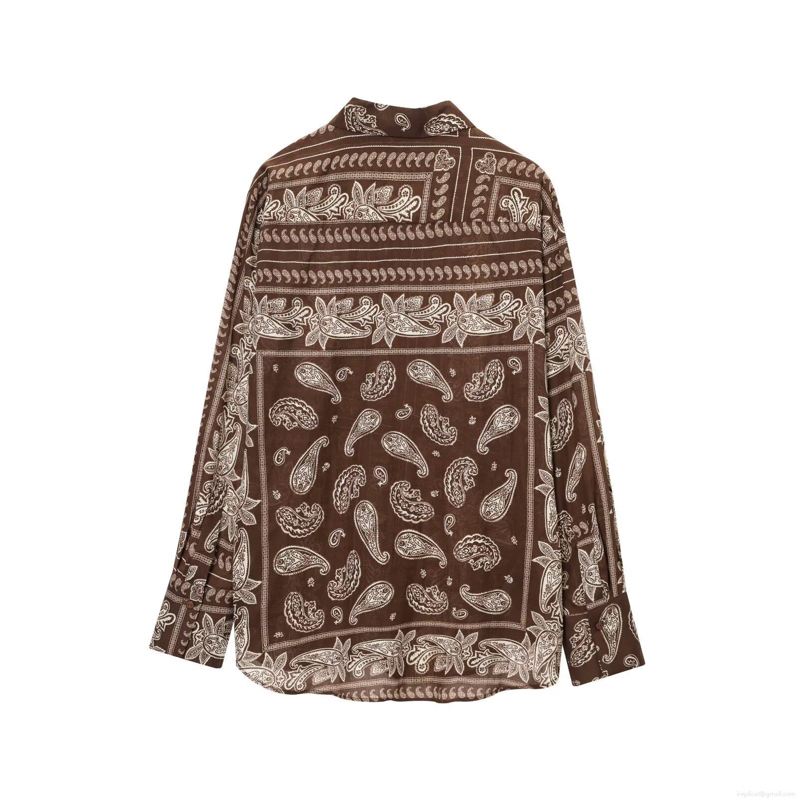Women's Vintage Paisley Print 2 Piece Outfits Casual Long Sleeve Button Down Shirt And High Waist Wide Leg Pants Bohemian Vacation Sets