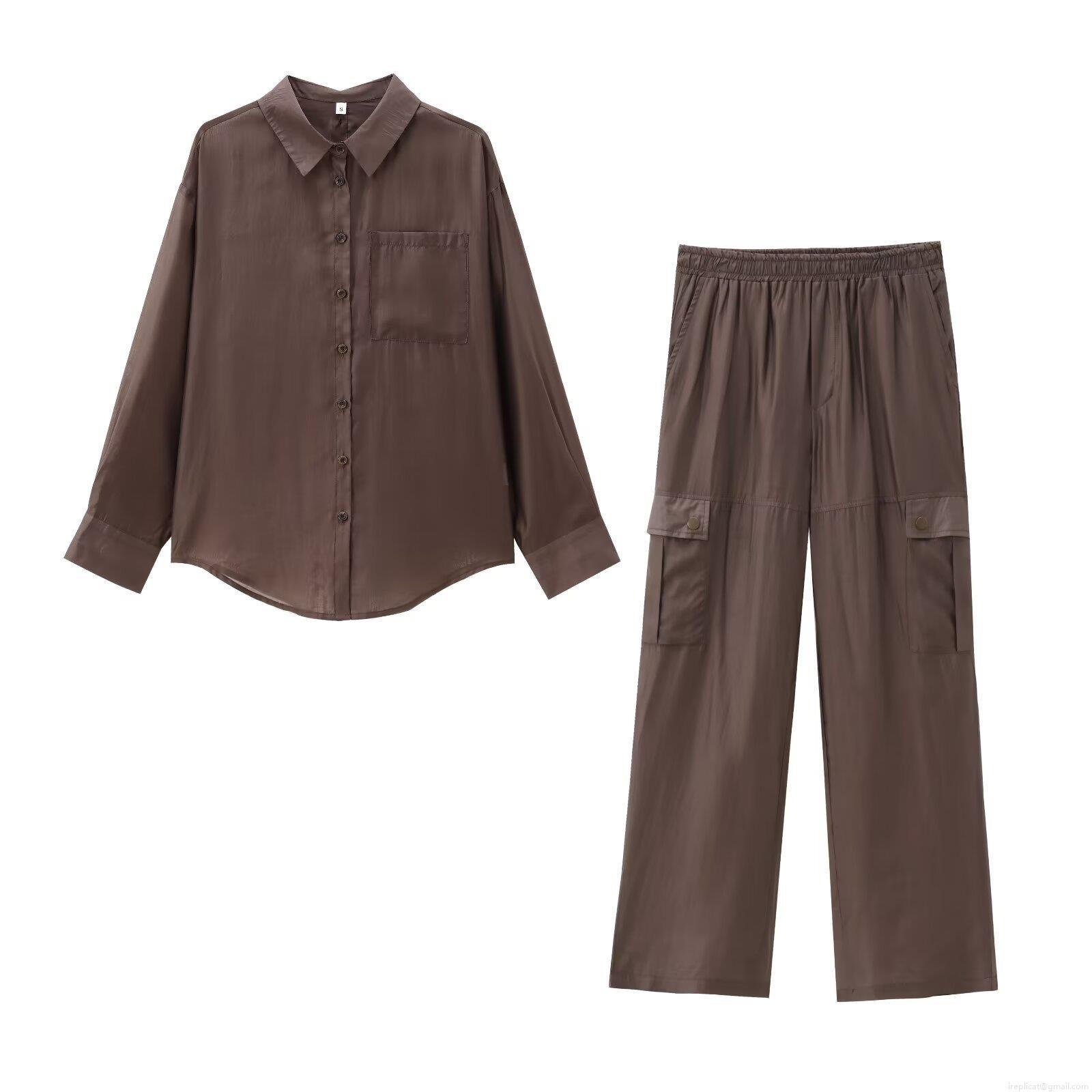 Women's Casual Deep Brown Two Piece Set Tencel Cotton Polyester Long Sleeve Button Back Shirt and High Waist Multi Pocket Cargo Pants Loose Streetwear Outfits Women's Casual Deep Brown Two Piece Set Tencel Cotton Polyester Long Sleeve Button Back Shirt and High Waist Multi Pocket Cargo Pants Loose Streetwear Outfits
