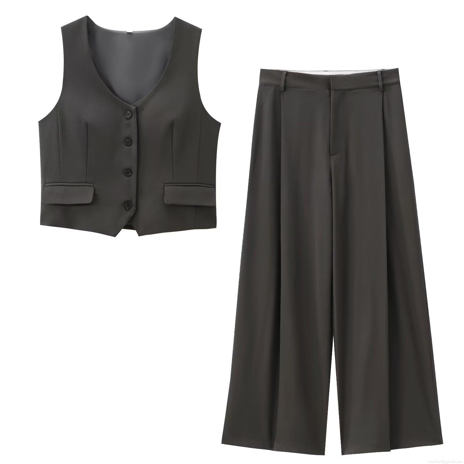 Women's Business Casual 2 Piece Suit Set Solid Color V-Neck Vest Top And High Waist Wide Leg Pants Polyester Office Workwear Outfit Women's Business Casual 2 Piece Suit Set Solid Color V-Neck Vest Top And High Waist Wide Leg Pants Polyester Office Workwear Outfit
