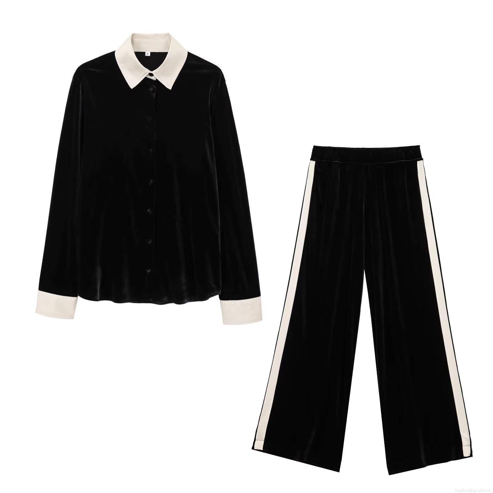 Women's Velvet Two Piece Set Long Sleeve Patchwork Shirt And Wide Leg Pants Velour Tracksuit Casual Contrast Color Streetwear High Waist Trousers Elegant Lounge Outfit Women's Velvet Two Piece Set Long Sleeve Patchwork Shirt And Wide Leg Pants Velour Tracksuit Casual Contrast Color Streetwear High Waist Trousers Elegant Lounge Outfit
