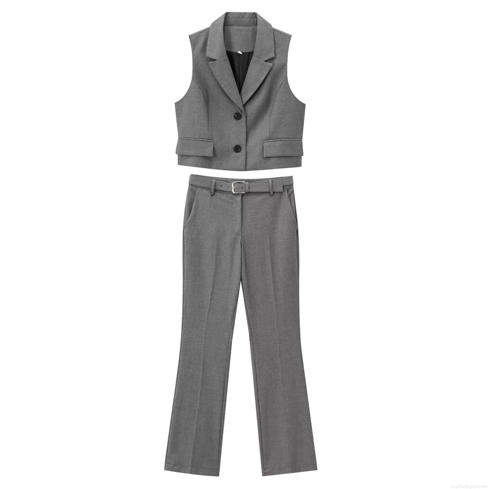Women's 2 Piece Suit Set Solid Grey Sleeveless Notched Lapel Blazer Vest Top And Straight Leg Trousers With Belt Office Business Casual Streetwear Outfit Women's 2 Piece Suit Set Solid Grey Sleeveless Notched Lapel Blazer Vest Top And Straight Leg Trousers With Belt Office Business Casual Streetwear Outfit