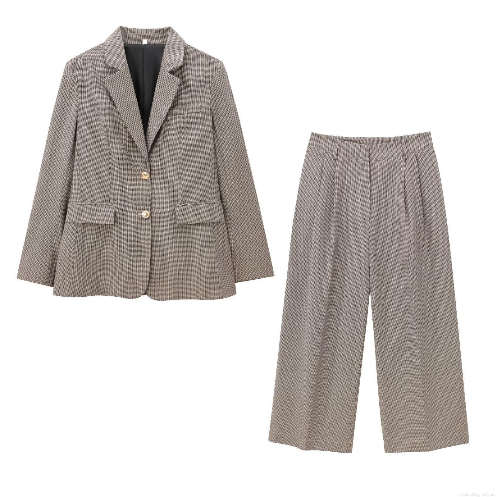 Women Houndstooth Blazer And Wide Leg Pants Two Piece Suit Set Polyester Gold Button Single Breasted Jacket High Waist Trousers Streetwear Office Lady Women Houndstooth Blazer And Wide Leg Pants Two Piece Suit Set Polyester Gold Button Single Breasted Jacket High Waist Trousers Streetwear Office Lady