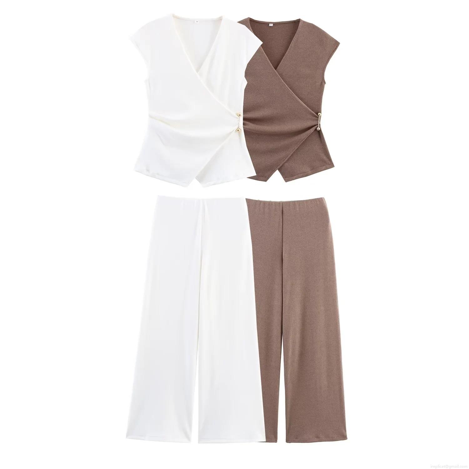 Women\'s Casual Cotton Blend Sleeveless V Neck Wrap Top And High Waist Wide Leg Pants Two Piece Set With Metal Buckle Streetwear Fashion Outfits Women\'s Casual Cotton Blend Sleeveless V Neck Wrap Top And High Waist Wide Leg Pants Two Piece Set With Metal Buckle Streetwear Fashion Outfits