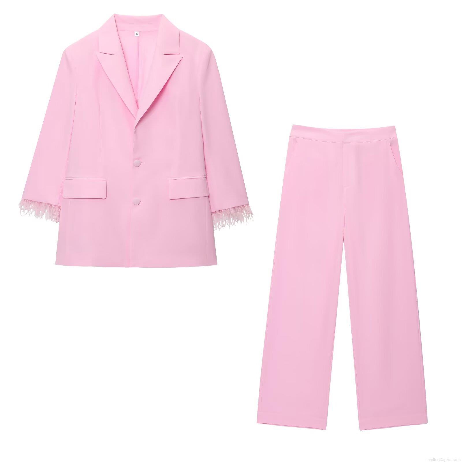 Women's Elegant Pink Two Piece Blazer Set Feather Cuff Long Sleeve Double Breasted Jacket and High Waist Wide Leg Pants Professional Office Party Suit Women's Elegant Pink Two Piece Blazer Set Feather Cuff Long Sleeve Double Breasted Jacket and High Waist Wide Leg Pants Professional Office Party Suit