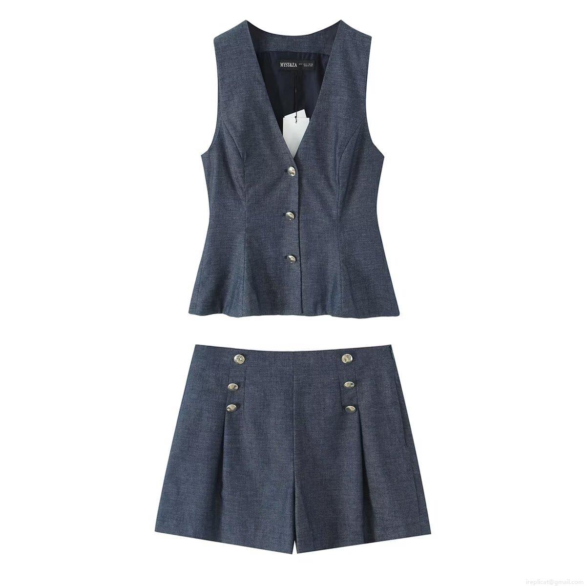 Women Casual Dark Blue 3 Piece Set Polyester Linen Texture V Neck Vest High Waist Wide Leg Long Pants And Shorts Suit Set For Office Street Daily Wear Women Casual Dark Blue 3 Piece Set Polyester Linen Texture V Neck Vest High Waist Wide Leg Long Pants And Shorts Suit Set For Office Street Daily Wear