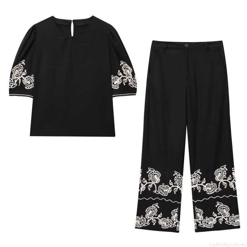 Women's Elegant Floral Embroidery Cotton Linen Blend Two Piece Set Round Neck Bubble Sleeve Top And Wide Leg Pants Casual Streetwear Summer Outfit Women's Elegant Floral Embroidery Cotton Linen Blend Two Piece Set Round Neck Bubble Sleeve Top And Wide Leg Pants Casual Streetwear Summer Outfit
