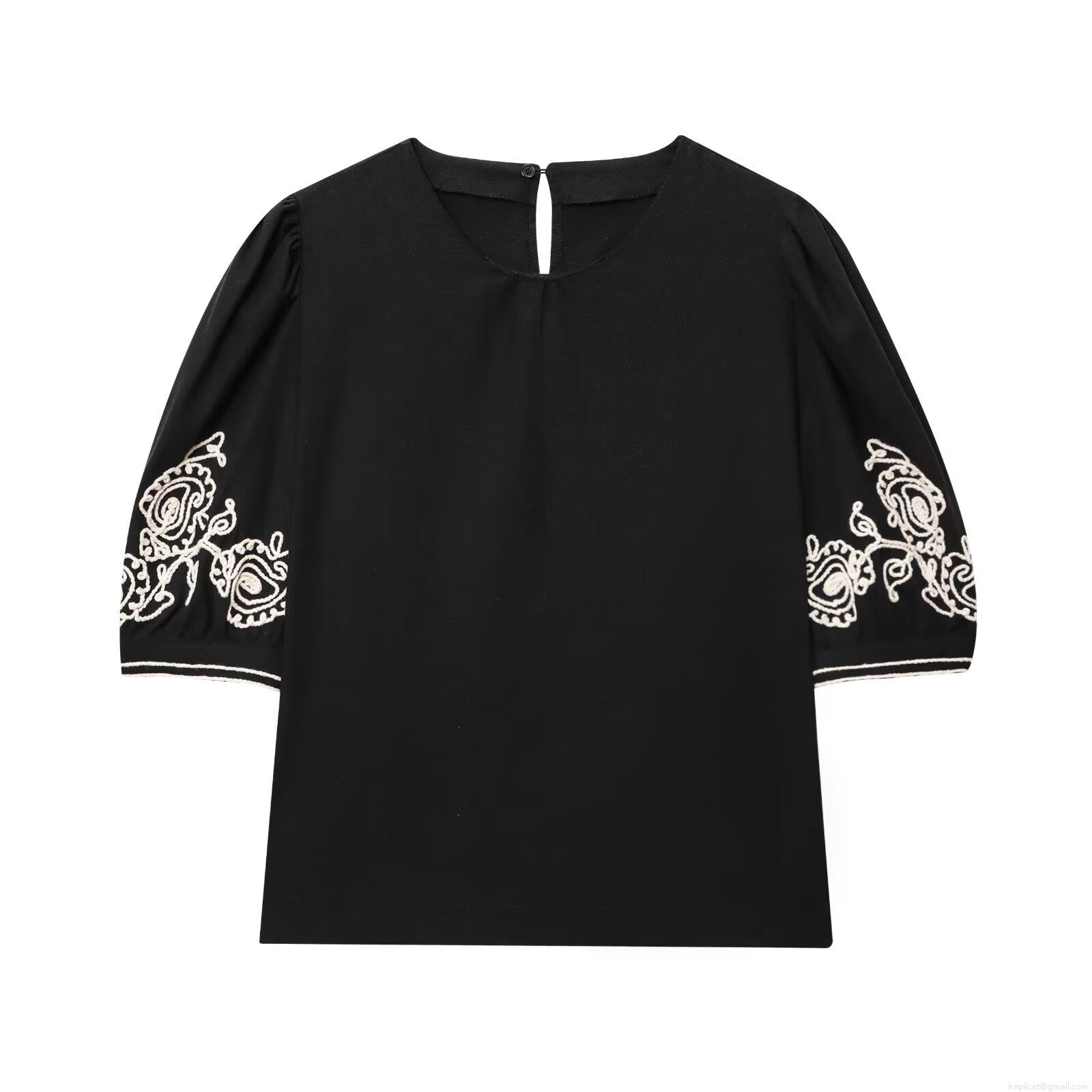 Women\'s Elegant Floral Embroidery Cotton Linen Blend Two Piece Set Round Neck Bubble Sleeve Top And Wide Leg Pants Casual Streetwear Summer Outfit