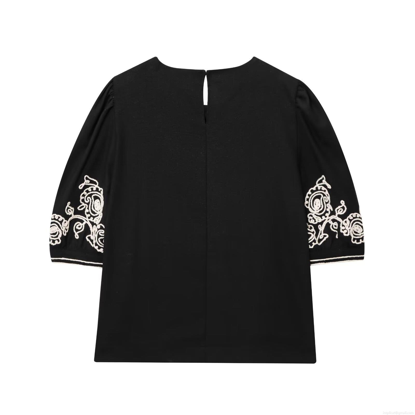 Women\'s Elegant Floral Embroidery Cotton Linen Blend Two Piece Set Round Neck Bubble Sleeve Top And Wide Leg Pants Casual Streetwear Summer Outfit