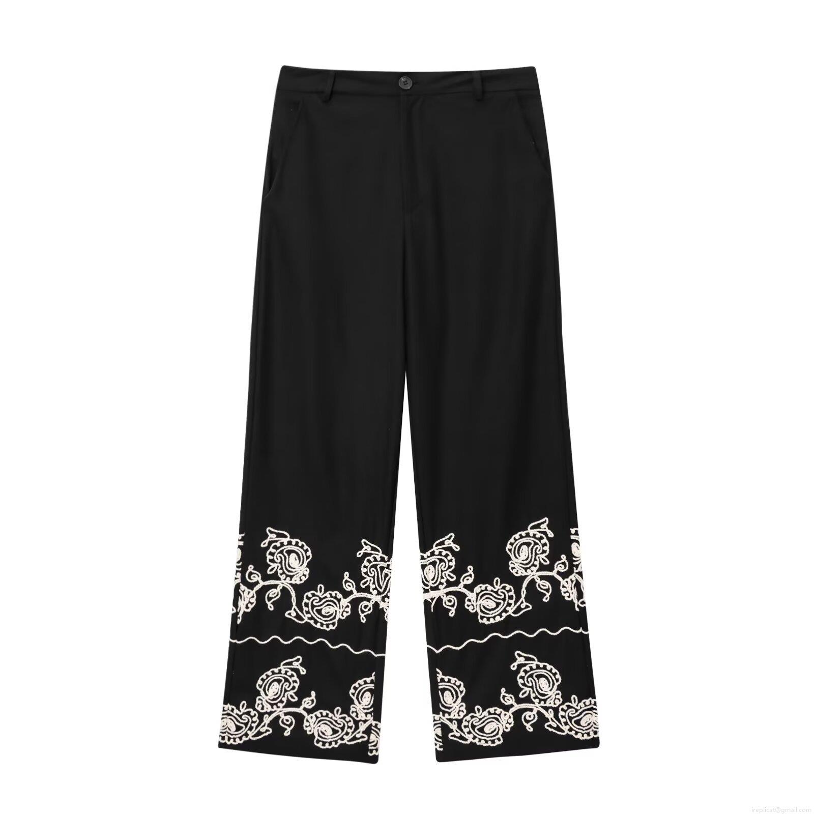 Women\'s Elegant Floral Embroidery Cotton Linen Blend Two Piece Set Round Neck Bubble Sleeve Top And Wide Leg Pants Casual Streetwear Summer Outfit