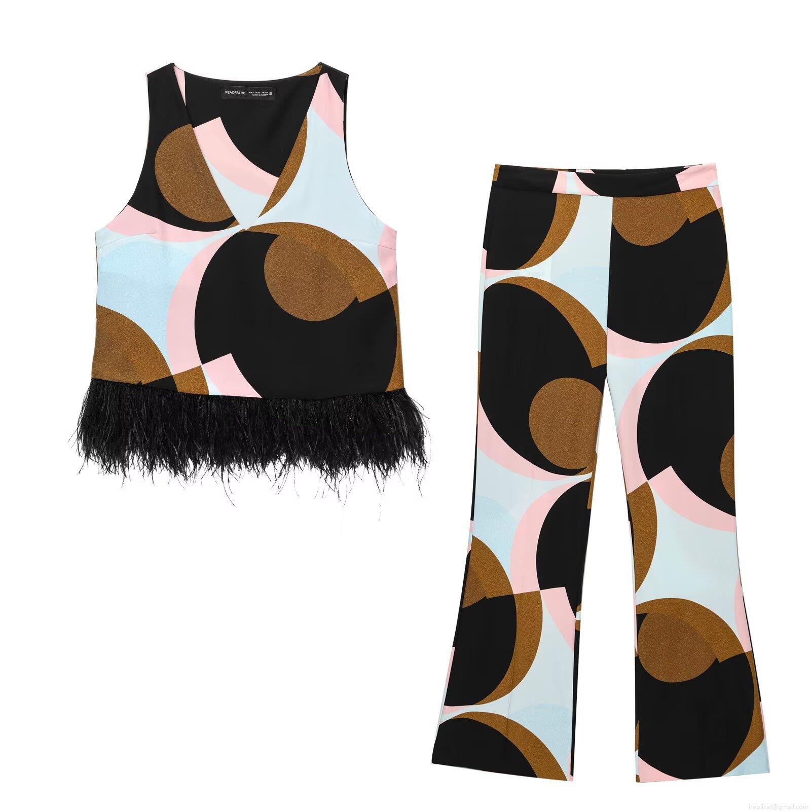 Women's Western Style Two Piece Set Geometric Color Block Sleeveless V-Neck Feather Hem Top And High Waist Flared Pants Streetwear Casual Co-ords Women's Western Style Two Piece Set Geometric Color Block Sleeveless V-Neck Feather Hem Top And High Waist Flared Pants Streetwear Casual Co-ords
