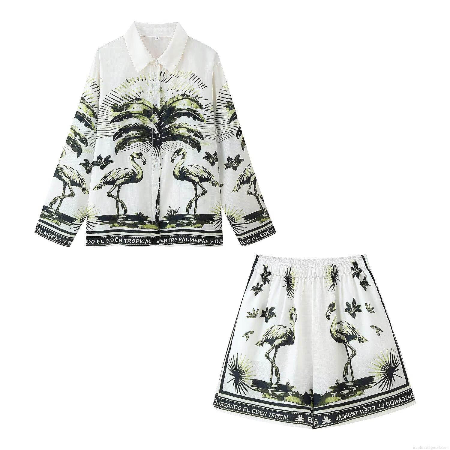 Women Tropical Flamingo Print Casual Two-Piece Set Long Sleeve Button Up Lapel Shirt And Elastic Waist Shorts Vacation Outfit For Summer Women Tropical Flamingo Print Casual Two-Piece Set Long Sleeve Button Up Lapel Shirt And Elastic Waist Shorts Vacation Outfit For Summer