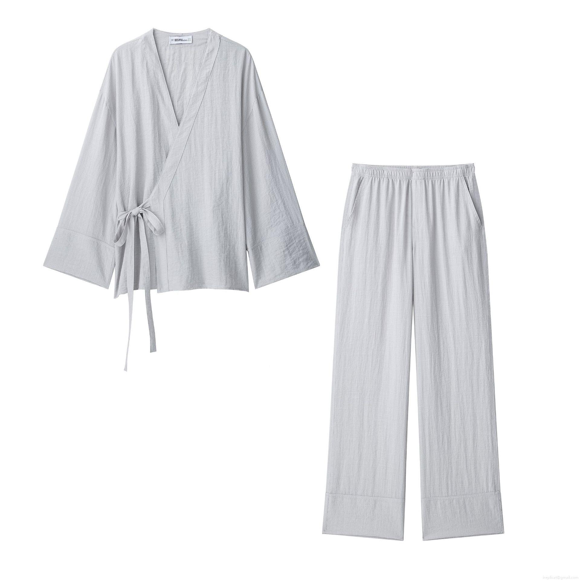 Women's 2 Piece Casual Set Kimono Style Wrap V Neck Tie Side Top And Wide Leg Straight Pants Solid Color Polyester Lounge Outfit Women's 2 Piece Casual Set Kimono Style Wrap V Neck Tie Side Top And Wide Leg Straight Pants Solid Color Polyester Lounge Outfit