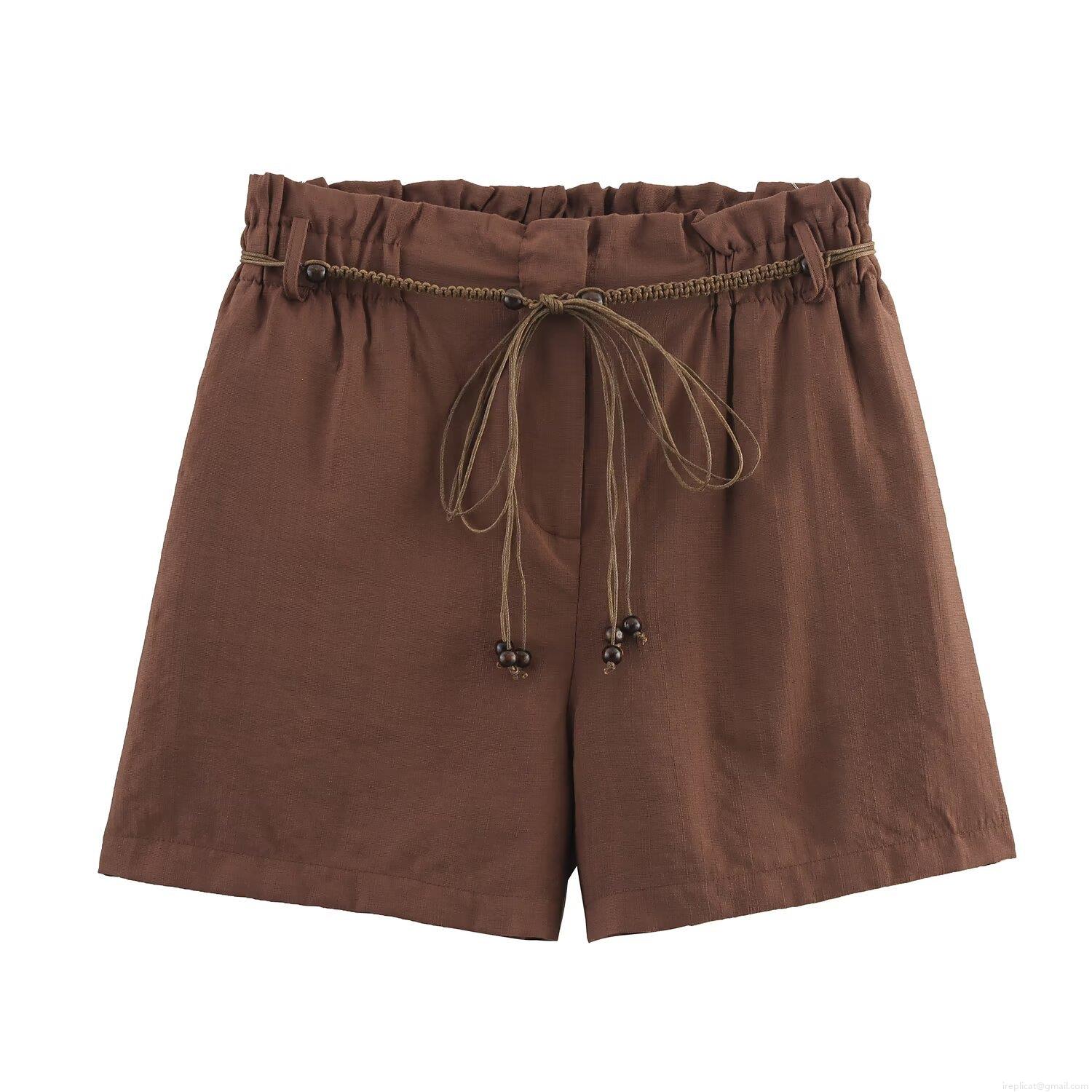 Women\'s Casual Polyester Linen Texture Short Sleeve Crop Blazer and Beaded Drawstring Shorts Set Solid Color Two Piece Streetwear Outfit for Women