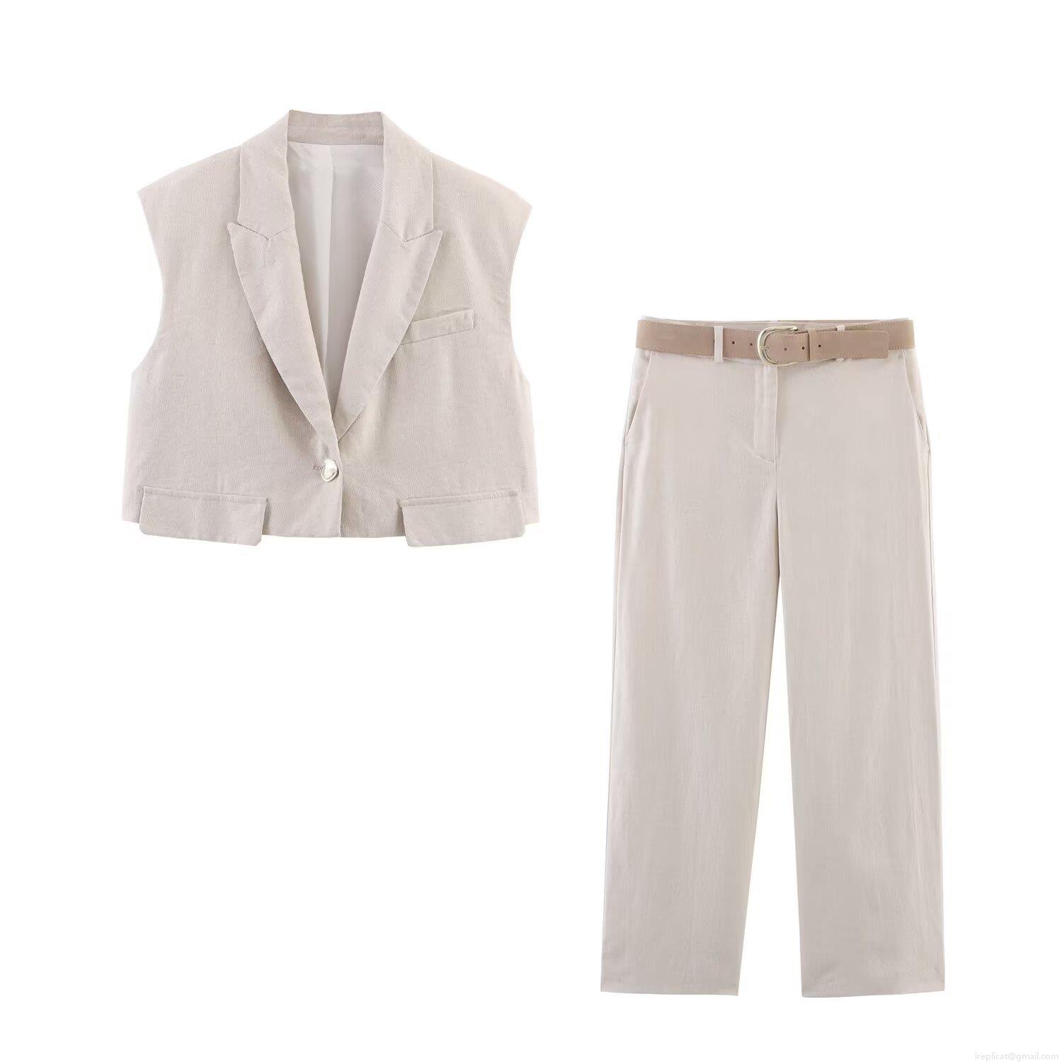 Women Linen Blend 2 Piece Set Lapel Sleeveless Waistcoat Vest And High Waist Wide Leg Pants With Belt Casual Office Outfit Summer Clothes Women Linen Blend 2 Piece Set Lapel Sleeveless Waistcoat Vest And High Waist Wide Leg Pants With Belt Casual Office Outfit Summer Clothes