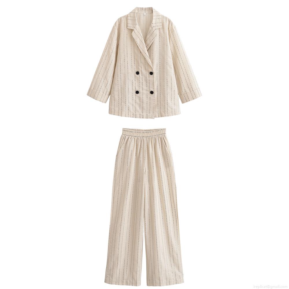 Women's Fashion Sequin Stripe Blazer Suit 2 Piece Set Polyester Double Breasted Lapel Jacket and Wide Leg Pants Casual Streetwear Office Set Women's Fashion Sequin Stripe Blazer Suit 2 Piece Set Polyester Double Breasted Lapel Jacket and Wide Leg Pants Casual Streetwear Office Set