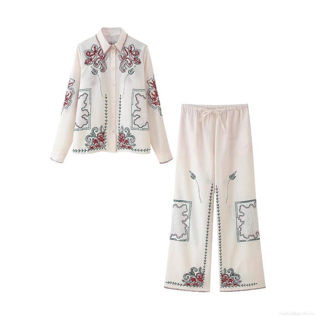 Women's Bohemian Embroidered Shirt And Pants Two-Piece Set Polyester Blend Floral Long Sleeve Lapel Top Wide Leg Trousers Casual Vacation Outfit Women's Bohemian Embroidered Shirt And Pants Two-Piece Set Polyester Blend Floral Long Sleeve Lapel Top Wide Leg Trousers Casual Vacation Outfit