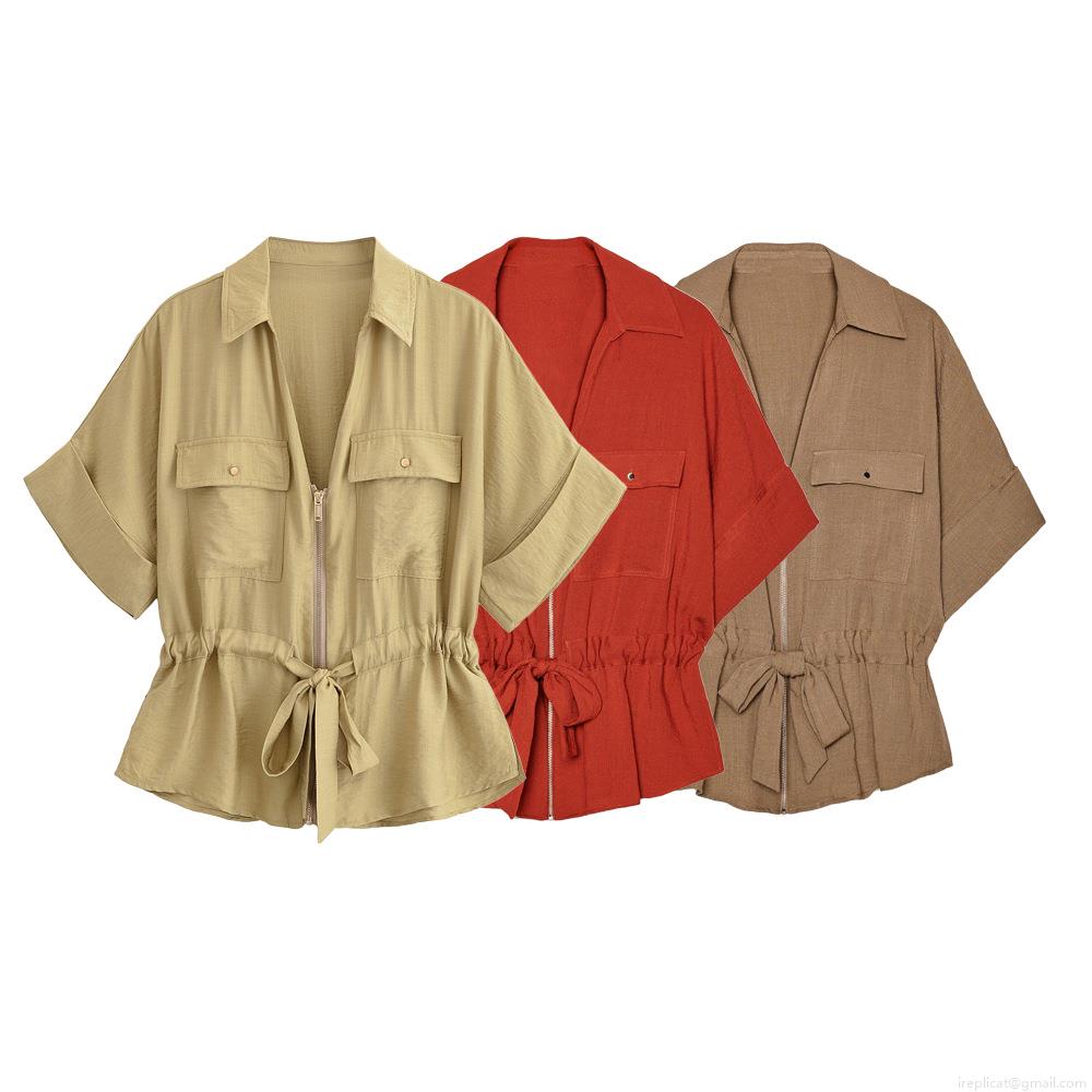 Women's 2 Piece Safari Outfit Set Polyester Short Sleeve Zipper Shirt And High Waist Wide Leg Pants Casual Streetwear Suits For Women Lady Women's 2 Piece Safari Outfit Set Polyester Short Sleeve Zipper Shirt And High Waist Wide Leg Pants Casual Streetwear Suits For Women Lady