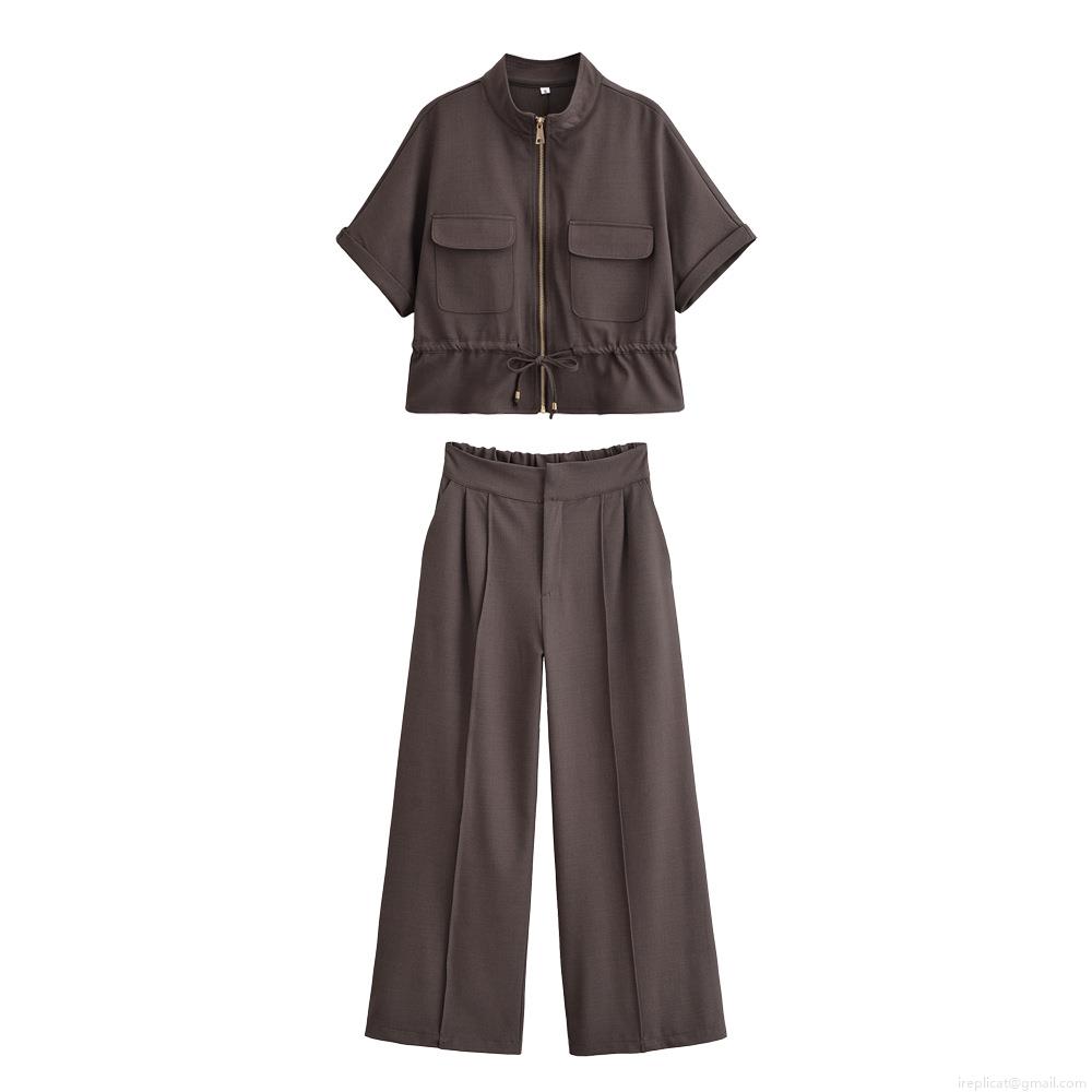 Women's Casual Two Piece Outfits 100% Polyester Short Sleeve Zipper Up Jacket Stand Collar High Waist Wide Leg Pants Set Solid Color Vintage Brown Streetwear Workwear Style for Women Women's Casual Two Piece Outfits 100% Polyester Short Sleeve Zipper Up Jacket Stand Collar High Waist Wide Leg Pants Set Solid Color Vintage Brown Streetwear Workwear Style for Women