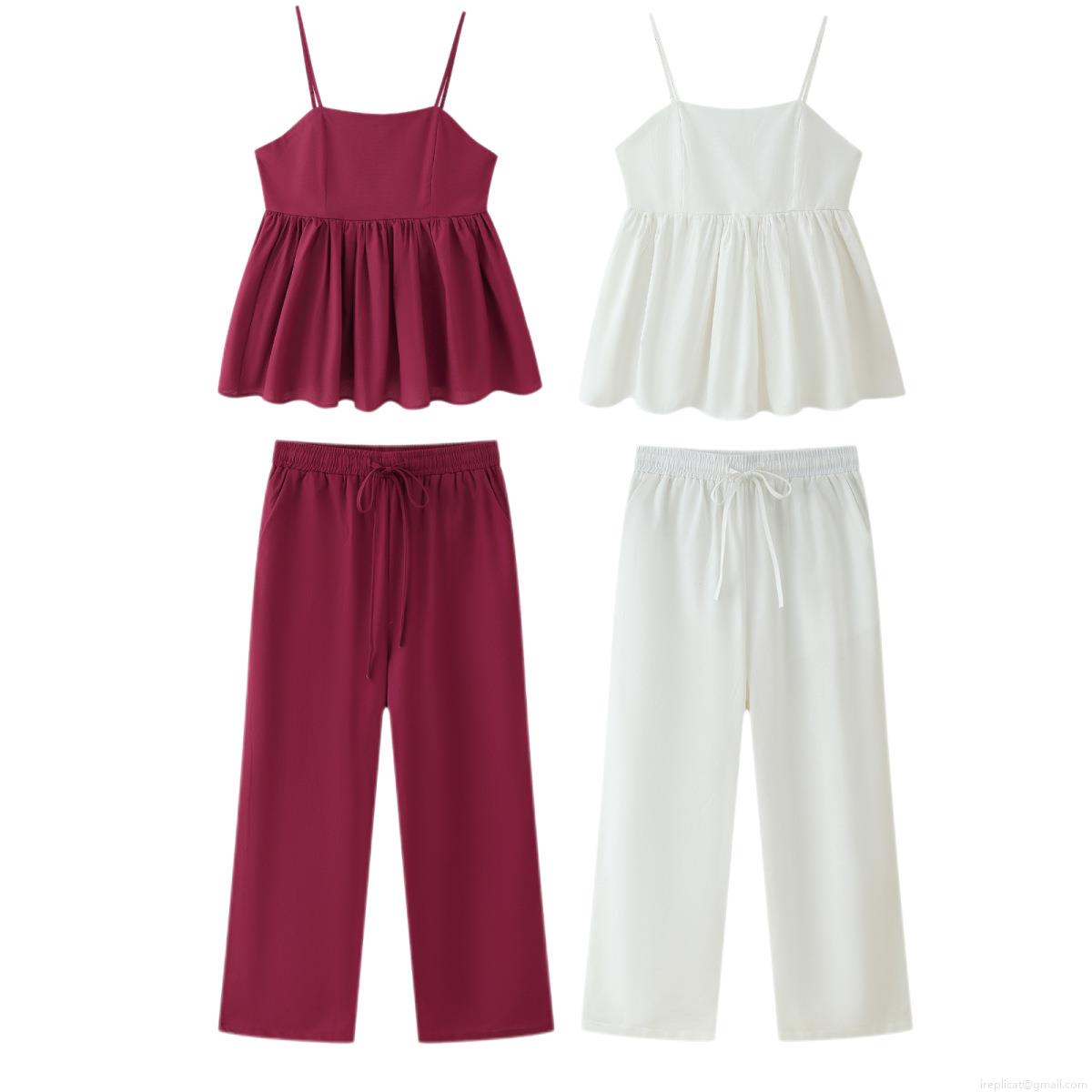 Women's 2-Piece Outfit Set Polyester Camisole Ruffle Hem Top and High Waisted Wide Leg Pants Solid Color Casual Summer Streetwear Set for Women Women's 2-Piece Outfit Set Polyester Camisole Ruffle Hem Top and High Waisted Wide Leg Pants Solid Color Casual Summer Streetwear Set for Women