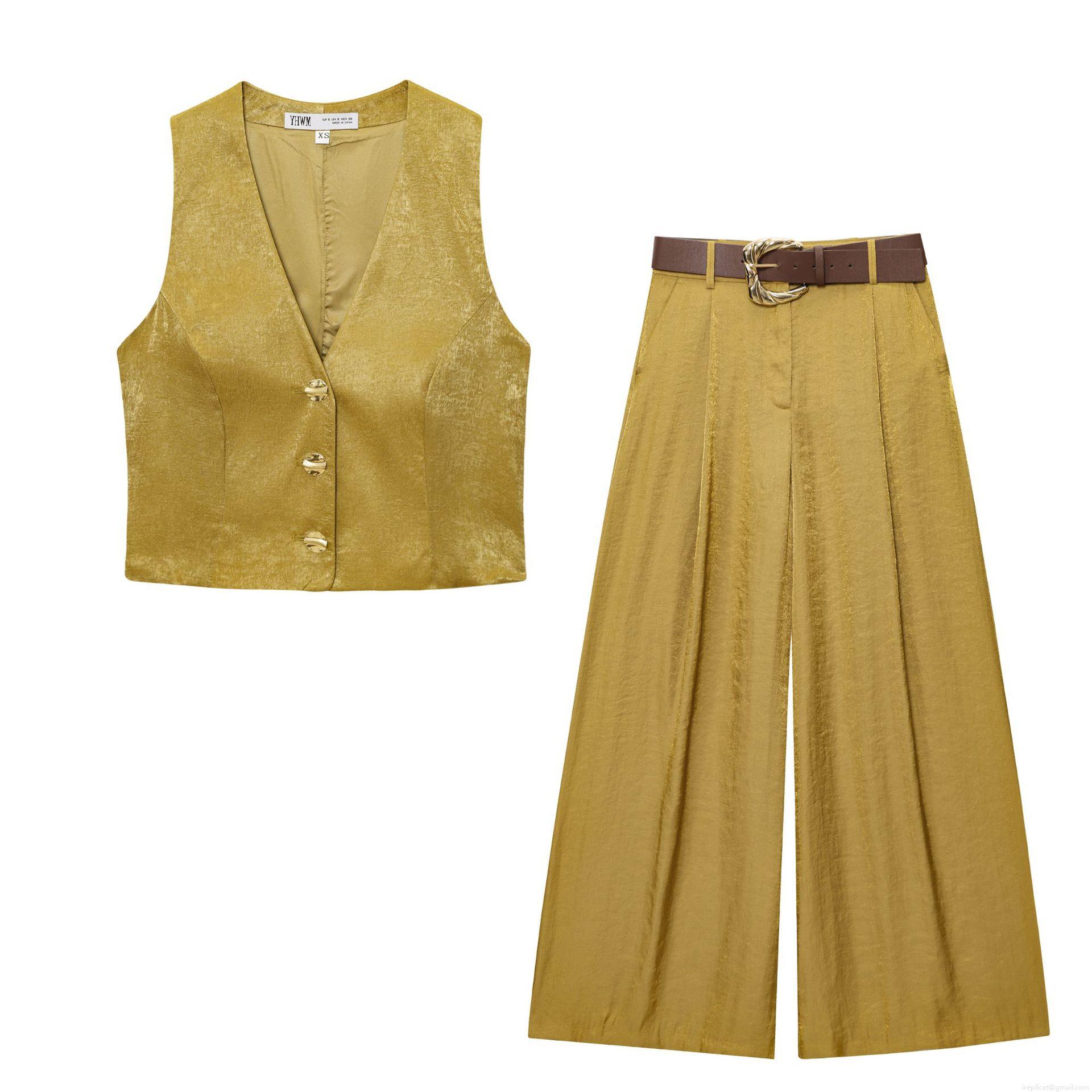Women's 2 Piece Outfits V Neck Vest High Waist Wide Leg Pants Set Satin Texture Belt Golden Button Streetwear Mustard Gold Brown Elegant Summer Suit Women's 2 Piece Outfits V Neck Vest High Waist Wide Leg Pants Set Satin Texture Belt Golden Button Streetwear Mustard Gold Brown Elegant Summer Suit