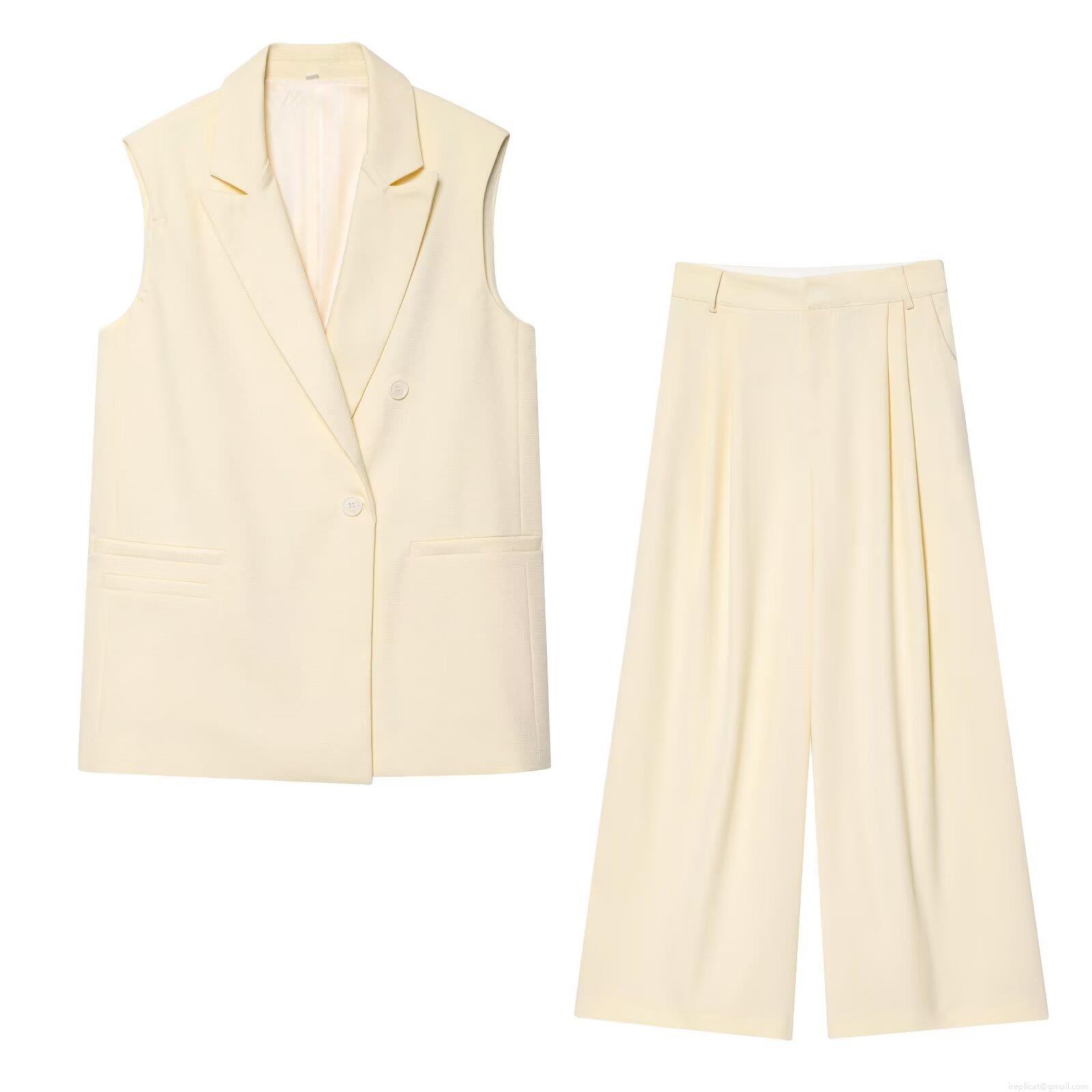 Women's Two Piece Set Double Breasted Sleeveless Slub Fabric Vest And High Waist Pleated Wide Leg Pants Elegant Office Lady Casual Suit Outfits Women's Two Piece Set Double Breasted Sleeveless Slub Fabric Vest And High Waist Pleated Wide Leg Pants Elegant Office Lady Casual Suit Outfits