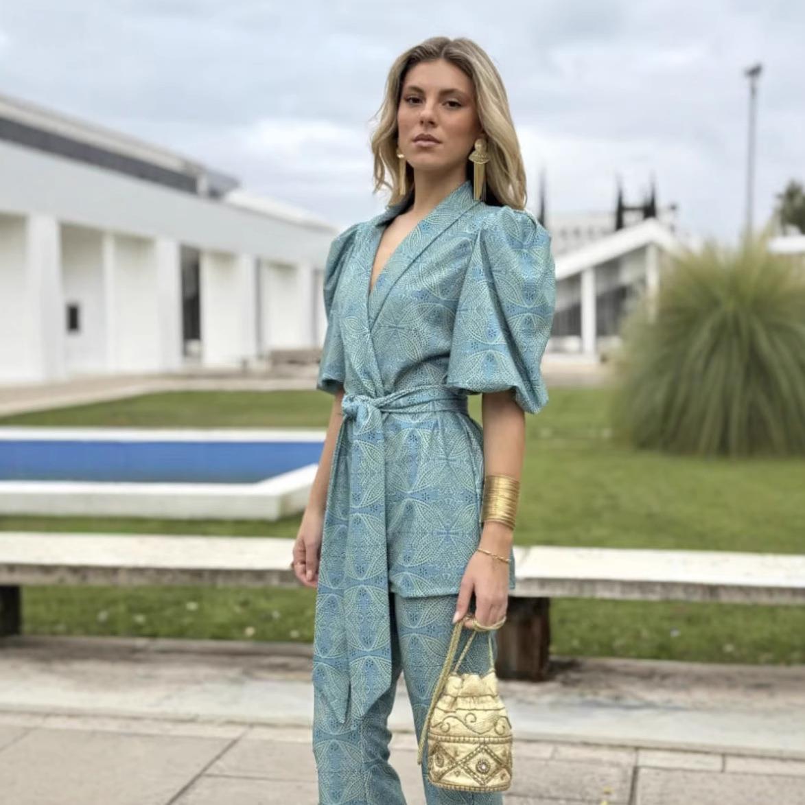 Women 2 Piece Outfit Set Geometric Mandala Print Puff Sleeve V Neck Wrap Top And Straight Leg Pants Set Bohemian Vacation Casual Streetwear Suits Women 2 Piece Outfit Set Geometric Mandala Print Puff Sleeve V Neck Wrap Top And Straight Leg Pants Set Bohemian Vacation Casual Streetwear Suits