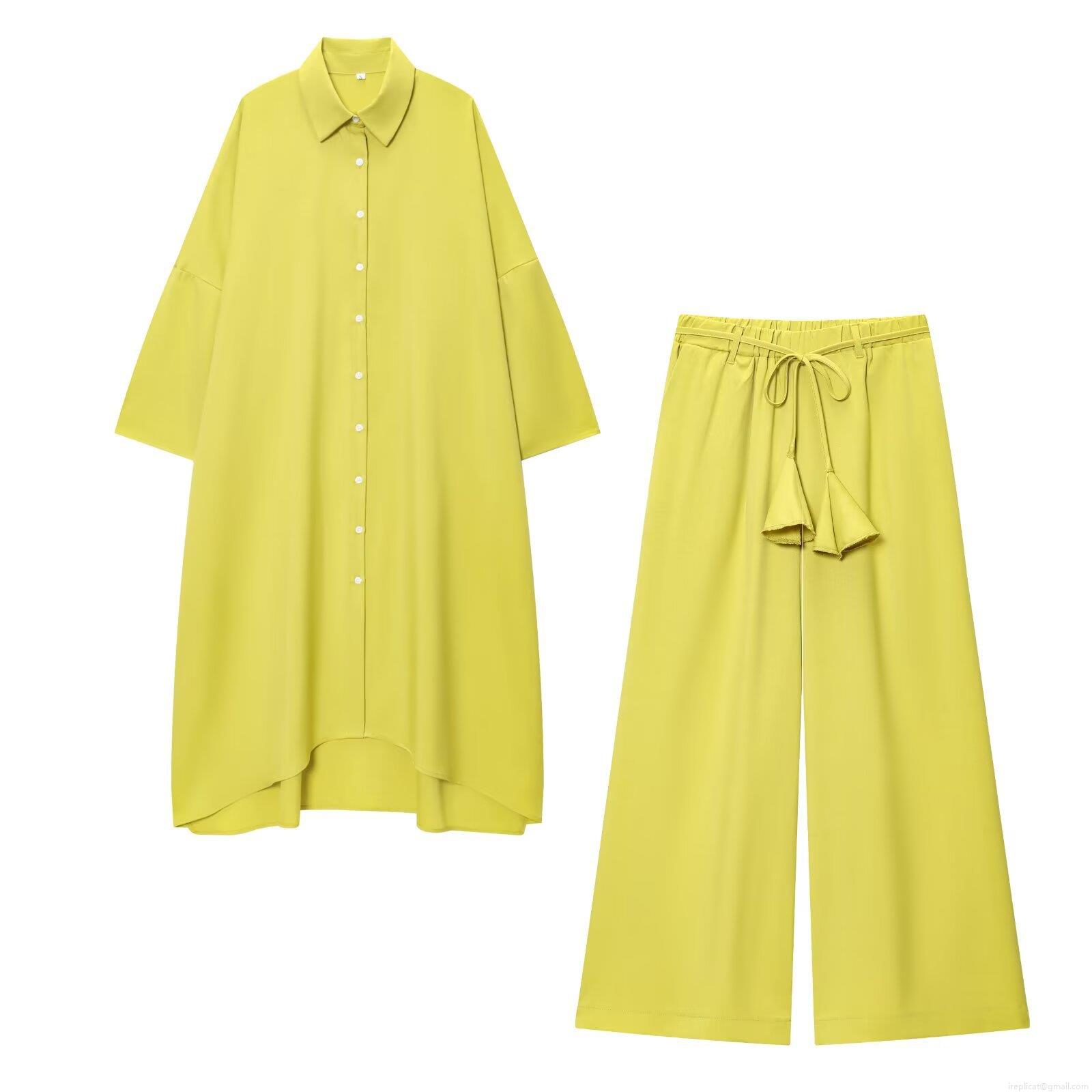 Women\'s 2 Piece Set Casual Solid Color Long Shirt Dress and Drawstring Wide Leg Pants Suit Polyester Cotton Linen Texture Relaxed Fit Streetwear