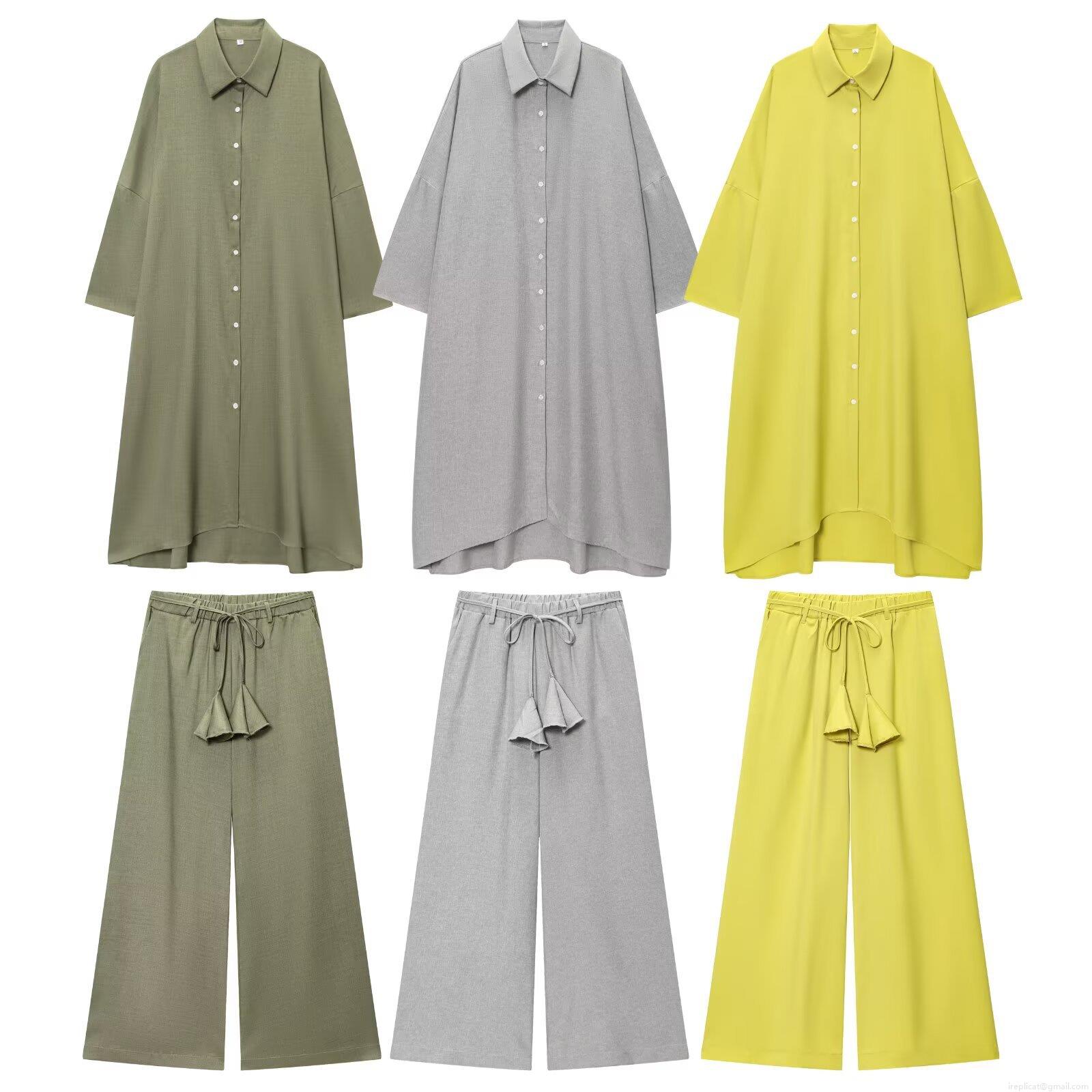 Women\'s 2 Piece Set Casual Solid Color Long Shirt Dress and Drawstring Wide Leg Pants Suit Polyester Cotton Linen Texture Relaxed Fit Streetwear